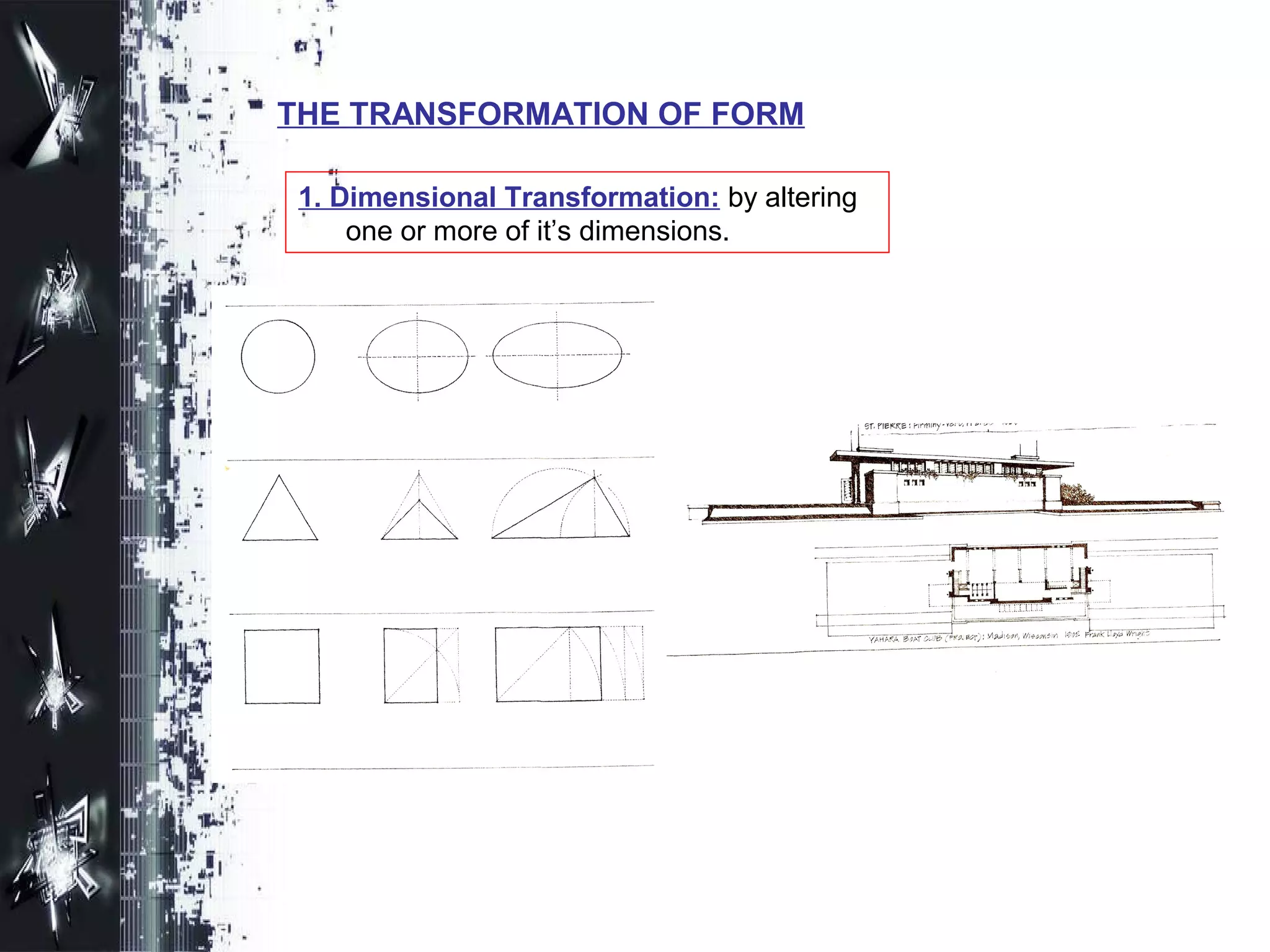 THE TRANSFORMATION OF FORM
1. Dimensional Transformation: by altering
one or more of it’s dimensions.
 