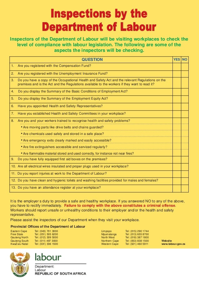 Form ohs inspections by the department of labour