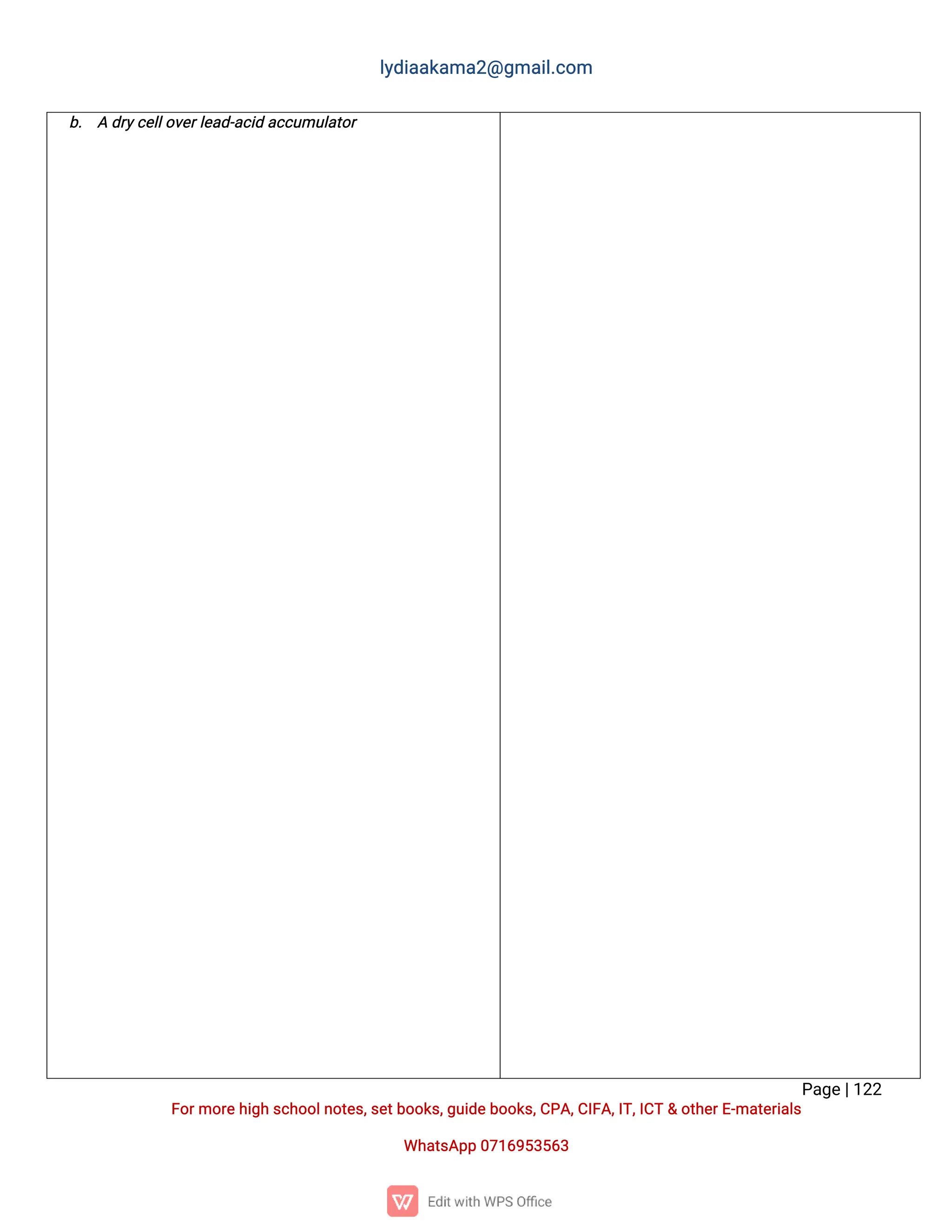 l
y
d
i
a
a
k
a
ma
2
@g
ma
i
l
.
c
o
m
P
a
g
e
|
1
2
2
F
o
r
mo
r
e
h
i
g
hs
c
h
o
o
l
n
o
t
e
s
,
s
e
t
b
o
o
k
s
,
g
u
i
d
e
b
o
o
k
s
,
C
P
A
,
C
I
F
A
,
I
T
,
I
C
T&o
t
h
e
r
E
-
ma
t
e
r
i
a
l
s
Wh
a
t
s
A
p
p0
7
1
6
9
5
3
5
6
3
b
. Ad
r
y
c
e
l
l
o
v
e
r
l
e
a
d
-
a
c
i
da
c
c
u
mu
l
a
t
o
r
 
