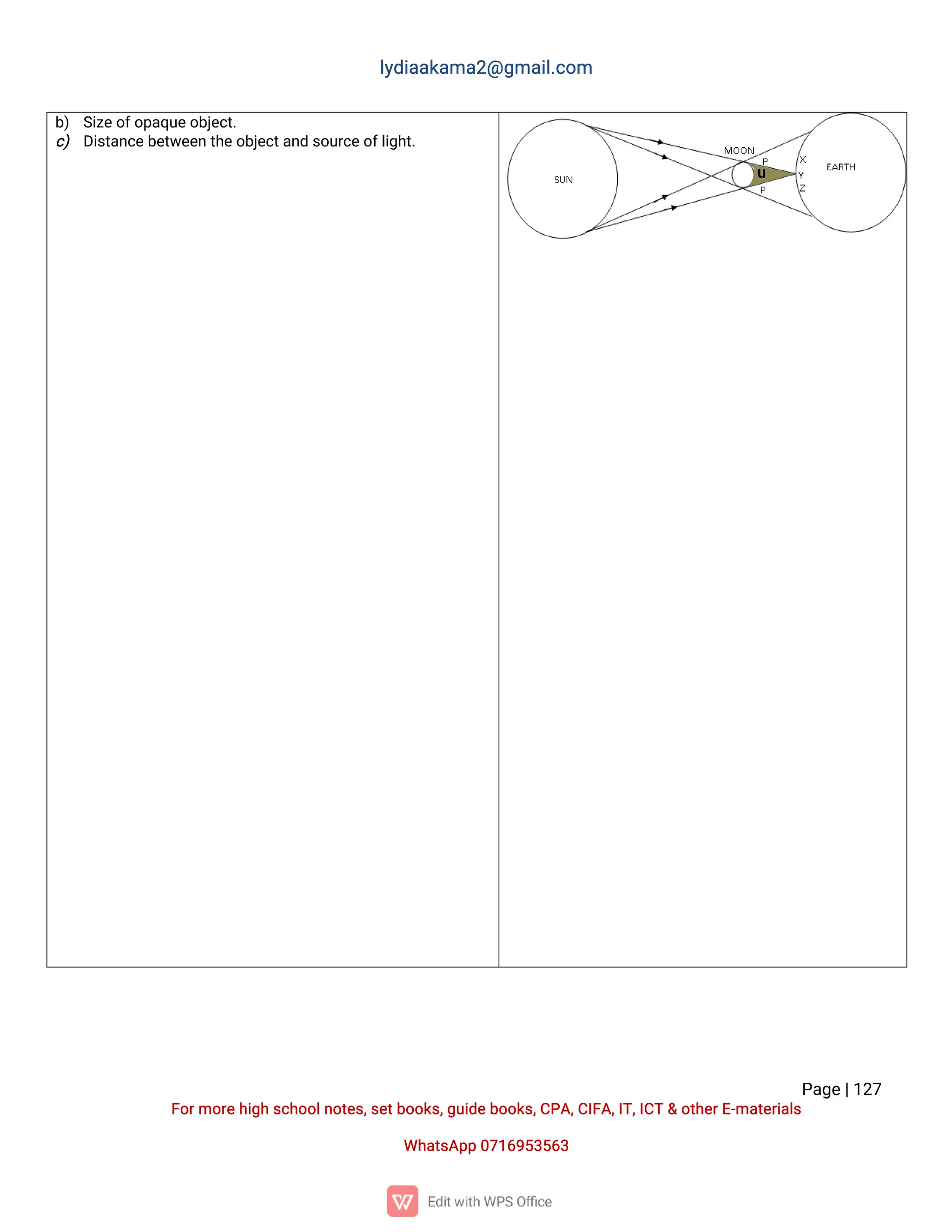 l
y
d
i
a
a
k
a
ma
2
@g
ma
i
l
.
c
o
m
P
a
g
e
|
1
2
7
F
o
r
mo
r
e
h
i
g
hs
c
h
o
o
l
n
o
t
e
s
,
s
e
t
b
o
o
k
s
,
g
u
i
d
e
b
o
o
k
s
,
C
P
A
,
C
I
F
A
,
I
T
,
I
C
T&o
t
h
e
r
E
-
ma
t
e
r
i
a
l
s
Wh
a
t
s
A
p
p0
7
1
6
9
5
3
5
6
3
b
) S
i
z
e
o
f
o
p
a
q
u
e
o
b
j
e
c
t
.
c
) D
i
s
t
a
n
c
e
b
e
t
w
e
e
n
t
h
e
o
b
j
e
c
t
a
n
ds
o
u
r
c
e
o
f
l
i
g
h
t
.
 