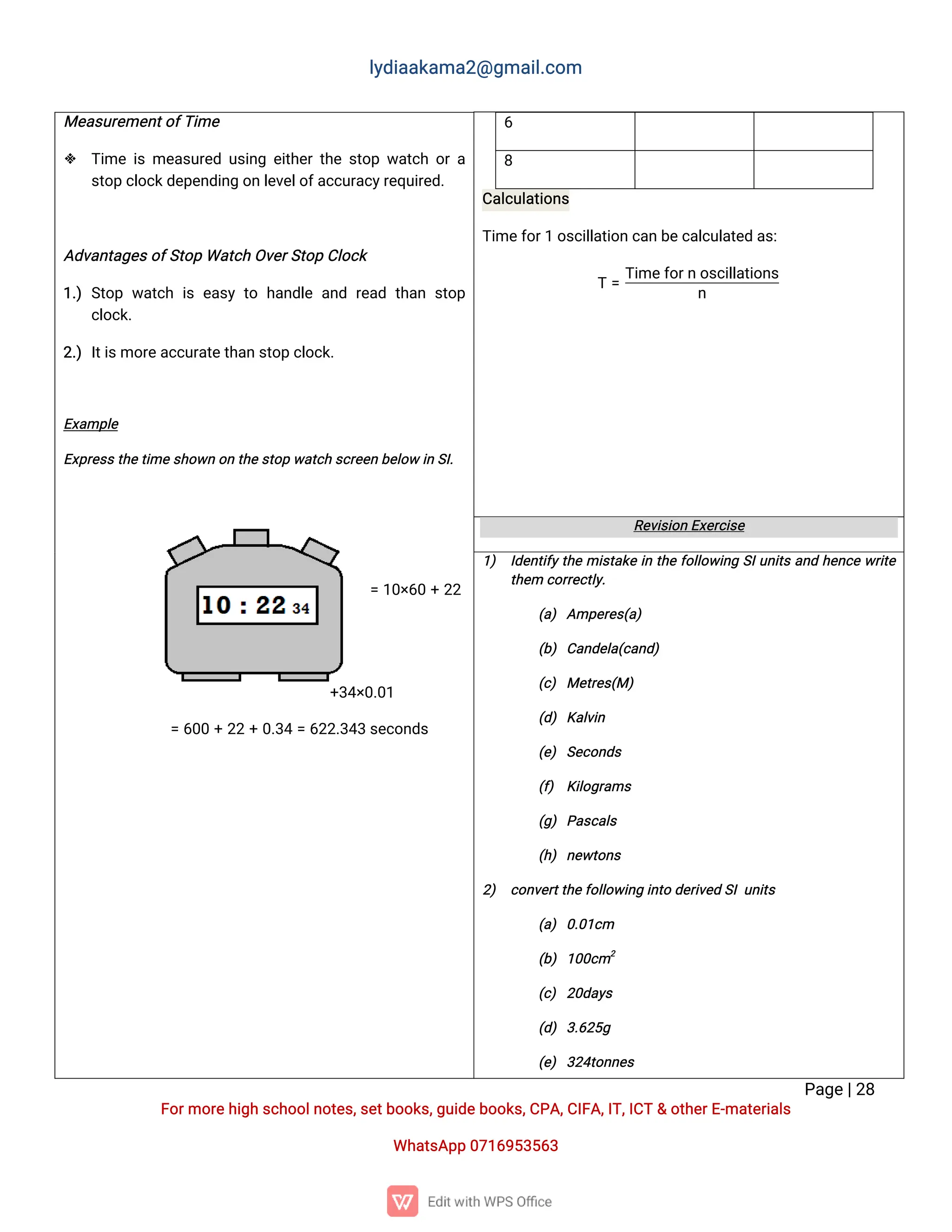 l
y
d
i
a
a
k
a
ma
2
@g
ma
i
l
.
c
o
m
P
a
g
e
|
2
8
F
o
r
mo
r
e
h
i
g
hs
c
h
o
o
l
n
o
t
e
s
,
s
e
t
b
o
o
k
s
,
g
u
i
d
e
b
o
o
k
s
,
C
P
A
,
C
I
F
A
,
I
T
,
I
C
T&o
t
h
e
r
E
-
ma
t
e
r
i
a
l
s
Wh
a
t
s
A
p
p0
7
1
6
9
5
3
5
6
3
6
8
C
a
l
c
u
l
a
t
i
o
n
s
T
i
me
f
o
r
1o
s
c
i
l
l
a
t
i
o
nc
a
nb
e
c
a
l
c
u
l
a
t
e
da
s
:
T=
T
i
me
f
o
r
no
s
c
i
l
l
a
t
i
o
n
s
n
Me
a
s
u
r
e
me
n
t
o
f
T
i
me
 T
i
mei
sme
a
s
u
r
e
du
s
i
n
ge
i
t
h
e
r
t
h
es
t
o
pw
a
t
c
ho
ra
s
t
o
pc
l
o
c
k
d
e
p
e
n
d
i
n
go
nl
e
v
e
l
o
f
a
c
c
u
r
a
c
y
r
e
q
u
i
r
e
d
.
A
d
v
a
n
t
a
g
e
s
o
f
S
t
o
pWa
t
c
hO
v
e
r
S
t
o
pC
l
o
c
k
1
.
)S
t
o
pw
a
t
c
hi
se
a
s
yt
oh
a
n
d
l
ea
n
dr
e
a
dt
h
a
ns
t
o
p
c
l
o
c
k
.
2
.
)I
t
i
s
mo
r
e
a
c
c
u
r
a
t
e
t
h
a
ns
t
o
pc
l
o
c
k
.
E
x
a
mp
l
e
E
x
p
r
e
s
s
t
h
e
t
i
mes
h
o
w
no
nt
h
e
s
t
o
pw
a
t
c
hs
c
r
e
e
nb
e
l
o
wi
nS
I
.
=1
0
×
6
0+2
2
+
3
4
×
0
.
0
1
=6
0
0+2
2+0
.
3
4=6
2
2
.
3
4
3s
e
c
o
n
d
s
R
e
v
i
s
i
o
nE
x
e
r
c
i
s
e
1
) I
d
e
n
t
i
f
y
t
h
emi
s
t
a
k
ei
nt
h
ef
o
l
l
o
w
i
n
gS
I
u
n
i
t
sa
n
dh
e
n
c
ew
r
i
t
e
t
h
e
mc
o
r
r
e
c
t
l
y
.
(
a
)A
mp
e
r
e
s
(
a
)
(
b
)C
a
n
d
e
l
a
(
c
a
n
d
)
(
c
)Me
t
r
e
s
(
M)
(
d
)K
a
l
v
i
n
(
e
)S
e
c
o
n
d
s
(
f
) K
i
l
o
g
r
a
ms
(
g
)P
a
s
c
a
l
s
(
h
)n
e
w
t
o
n
s
2
) c
o
n
v
e
r
t
t
h
e
f
o
l
l
o
w
i
n
gi
n
t
od
e
r
i
v
e
dS
I
u
n
i
t
s
(
a
)0
.
0
1
c
m
(
b
)1
0
0
c
m2
(
c
)2
0
d
a
y
s
(
d
)3
.
6
2
5
g
(
e
)3
2
4
t
o
n
n
e
s
 