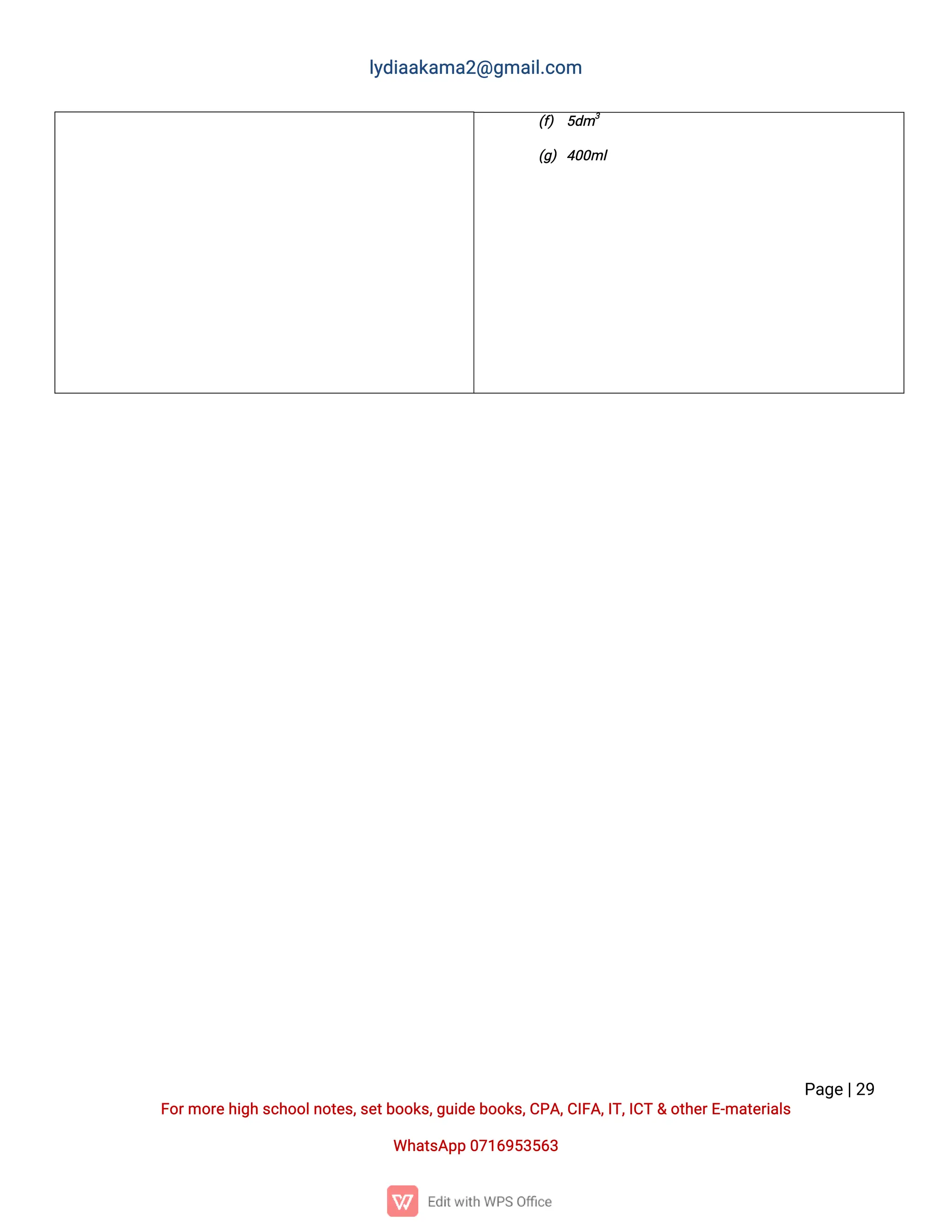 l
y
d
i
a
a
k
a
ma
2
@g
ma
i
l
.
c
o
m
P
a
g
e
|
2
9
F
o
r
mo
r
e
h
i
g
hs
c
h
o
o
l
n
o
t
e
s
,
s
e
t
b
o
o
k
s
,
g
u
i
d
e
b
o
o
k
s
,
C
P
A
,
C
I
F
A
,
I
T
,
I
C
T&o
t
h
e
r
E
-
ma
t
e
r
i
a
l
s
Wh
a
t
s
A
p
p0
7
1
6
9
5
3
5
6
3
(
f
) 5
d
m3
(
g
)4
0
0
ml
 