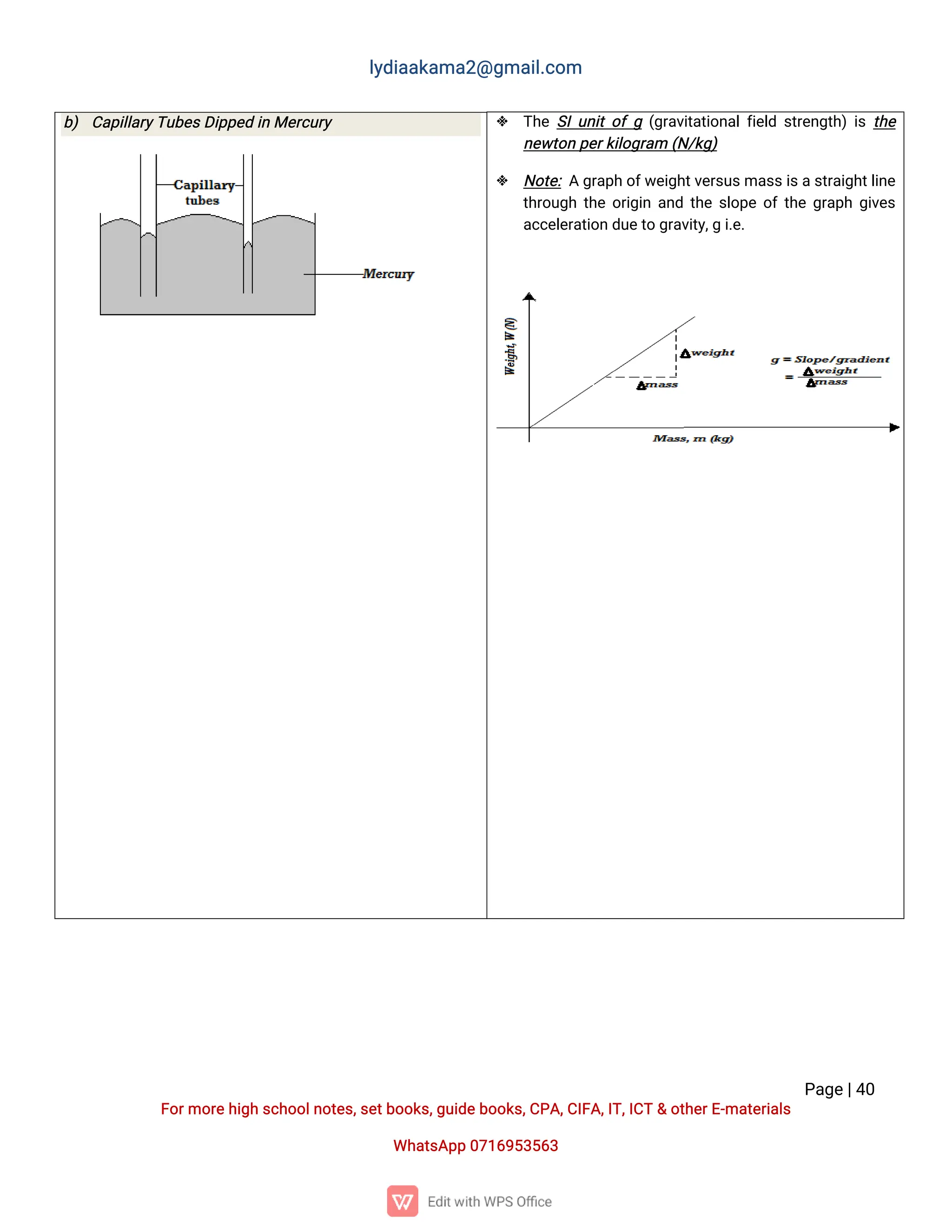 l
y
d
i
a
a
k
a
ma
2
@g
ma
i
l
.
c
o
m
P
a
g
e
|
4
0
F
o
r
mo
r
e
h
i
g
hs
c
h
o
o
l
n
o
t
e
s
,
s
e
t
b
o
o
k
s
,
g
u
i
d
e
b
o
o
k
s
,
C
P
A
,
C
I
F
A
,
I
T
,
I
C
T&o
t
h
e
r
E
-
ma
t
e
r
i
a
l
s
Wh
a
t
s
A
p
p0
7
1
6
9
5
3
5
6
3
 T
h
eS
I
u
n
i
to
fg(
g
r
a
v
i
t
a
t
i
o
n
a
l
f
i
e
l
ds
t
r
e
n
g
t
h
)i
st
h
e
n
e
w
t
o
np
e
r
k
i
l
o
g
r
a
m(
N
/
k
g
)
 N
o
t
e
:
Ag
r
a
p
ho
f
w
e
i
g
h
t
v
e
r
s
u
s
ma
s
s
i
s
a
s
t
r
a
i
g
h
t
l
i
n
e
t
h
r
o
u
g
ht
h
eo
r
i
g
i
na
n
dt
h
es
l
o
p
eo
f
t
h
eg
r
a
p
hg
i
v
e
s
a
c
c
e
l
e
r
a
t
i
o
nd
u
e
t
og
r
a
v
i
t
y
,
gi
.
e
.
b
) C
a
p
i
l
l
a
r
y
T
u
b
e
s
D
i
p
p
e
di
nMe
r
c
u
r
y
 
