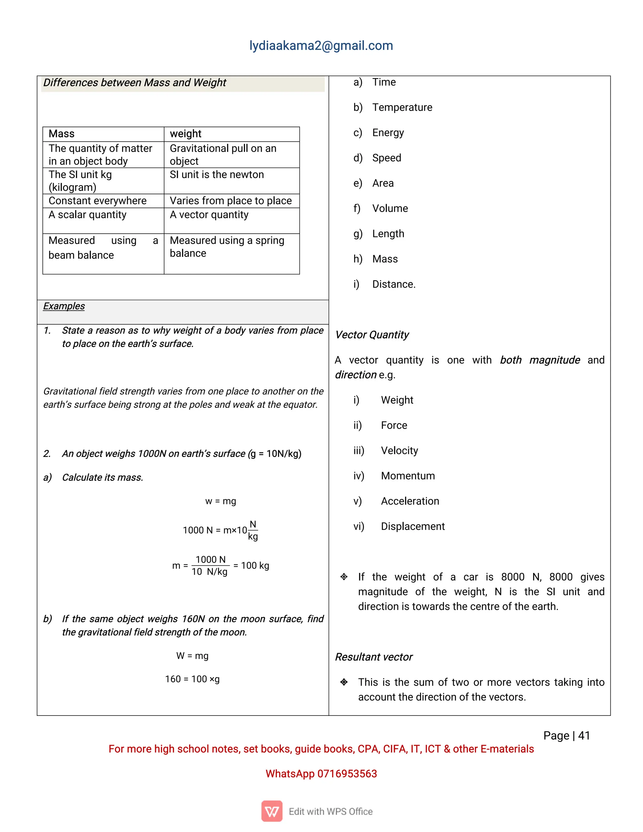 l
y
d
i
a
a
k
a
ma
2
@g
ma
i
l
.
c
o
m
P
a
g
e
|
4
1
F
o
r
mo
r
e
h
i
g
hs
c
h
o
o
l
n
o
t
e
s
,
s
e
t
b
o
o
k
s
,
g
u
i
d
e
b
o
o
k
s
,
C
P
A
,
C
I
F
A
,
I
T
,
I
C
T&o
t
h
e
r
E
-
ma
t
e
r
i
a
l
s
Wh
a
t
s
A
p
p0
7
1
6
9
5
3
5
6
3
D
i
f
f
e
r
e
n
c
e
s
b
e
t
w
e
e
nMa
s
s
a
n
dWe
i
g
h
t
Ma
s
s w
e
i
g
h
t
T
h
e
q
u
a
n
t
i
t
y
o
f
ma
t
t
e
r
i
na
no
b
j
e
c
t
b
o
d
y
G
r
a
v
i
t
a
t
i
o
n
a
l
p
u
l
l
o
na
n
o
b
j
e
c
t
T
h
e
S
I
u
n
i
t
k
g
(
k
i
l
o
g
r
a
m)
S
I
u
n
i
t
i
s
t
h
e
n
e
w
t
o
n
C
o
n
s
t
a
n
t
e
v
e
r
y
w
h
e
r
e V
a
r
i
e
s
f
r
o
mp
l
a
c
e
t
op
l
a
c
e
As
c
a
l
a
r
q
u
a
n
t
i
t
y Av
e
c
t
o
r
q
u
a
n
t
i
t
y
Me
a
s
u
r
e
d u
s
i
n
g a
b
e
a
mb
a
l
a
n
c
e
Me
a
s
u
r
e
du
s
i
n
ga
s
p
r
i
n
g
b
a
l
a
n
c
e
a
) T
i
me
b
) T
e
mp
e
r
a
t
u
r
e
c
) E
n
e
r
g
y
d
) S
p
e
e
d
e
) A
r
e
a
f
) V
o
l
u
me
g
) L
e
n
g
t
h
h
) Ma
s
s
i
) D
i
s
t
a
n
c
e
.
1
)
2
) V
e
c
t
o
r
Q
u
a
n
t
i
t
y
A v
e
c
t
o
rq
u
a
n
t
i
t
y i
s o
n
e w
i
t
h b
o
t
h ma
g
n
i
t
u
d
e a
n
d
d
i
r
e
c
t
i
o
ne
.
g
.
i
) We
i
g
h
t
i
i
) F
o
r
c
e
i
i
i
) V
e
l
o
c
i
t
y
i
v
) Mo
me
n
t
u
m
v
) A
c
c
e
l
e
r
a
t
i
o
n
v
i
) D
i
s
p
l
a
c
e
me
n
t
 I
ft
h
e w
e
i
g
h
to
fa c
a
ri
s 8
0
0
0 N
,8
0
0
0 g
i
v
e
s
ma
g
n
i
t
u
d
e o
ft
h
e w
e
i
g
h
t
,N i
s t
h
e S
Iu
n
i
ta
n
d
d
i
r
e
c
t
i
o
ni
s
t
o
w
a
r
d
s
t
h
e
c
e
n
t
r
e
o
f
t
h
e
e
a
r
t
h
.
R
e
s
u
l
t
a
n
t
v
e
c
t
o
r
 T
h
i
si
st
h
es
u
m o
f
t
w
oo
r
mo
r
ev
e
c
t
o
r
st
a
k
i
n
gi
n
t
o
a
c
c
o
u
n
t
t
h
e
d
i
r
e
c
t
i
o
no
f
t
h
e
v
e
c
t
o
r
s
.
E
x
a
mp
l
e
s
1
. S
t
a
t
ear
e
a
s
o
na
st
ow
h
yw
e
i
g
h
t
o
f
ab
o
d
yv
a
r
i
e
sf
r
o
m p
l
a
c
e
t
op
l
a
c
e
o
nt
h
e
e
a
r
t
h
’
s
s
u
r
f
a
c
e
.
G
r
a
v
i
t
a
t
i
o
n
a
l
f
i
e
l
ds
t
r
e
n
g
t
hv
a
r
i
e
sf
r
o
mo
n
ep
l
a
c
et
oa
n
o
t
h
e
r
o
nt
h
e
e
a
r
t
h
’
s
s
u
r
f
a
c
e
b
e
i
n
gs
t
r
o
n
ga
t
t
h
e
p
o
l
e
s
a
n
dw
e
a
k
a
t
t
h
e
e
q
u
a
t
o
r
.
2
. A
no
b
j
e
c
t
w
e
i
g
h
s
1
0
0
0
No
ne
a
r
t
h
’
s
s
u
r
f
a
c
e
(
g=1
0
N
/
k
g
)
a
) C
a
l
c
u
l
a
t
e
i
t
s
ma
s
s
.
w=mg
1
0
0
0N=m×
1
0
N
k
g
m =
1
0
0
0N
1
0N
/
k
g
=1
0
0k
g
b
) I
f
t
h
es
a
meo
b
j
e
c
t
w
e
i
g
h
s1
6
0
No
nt
h
emo
o
ns
u
r
f
a
c
e
,
f
i
n
d
t
h
e
g
r
a
v
i
t
a
t
i
o
n
a
l
f
i
e
l
ds
t
r
e
n
g
t
ho
f
t
h
e
mo
o
n
.
W =mg
1
6
0=1
0
0×
g
 