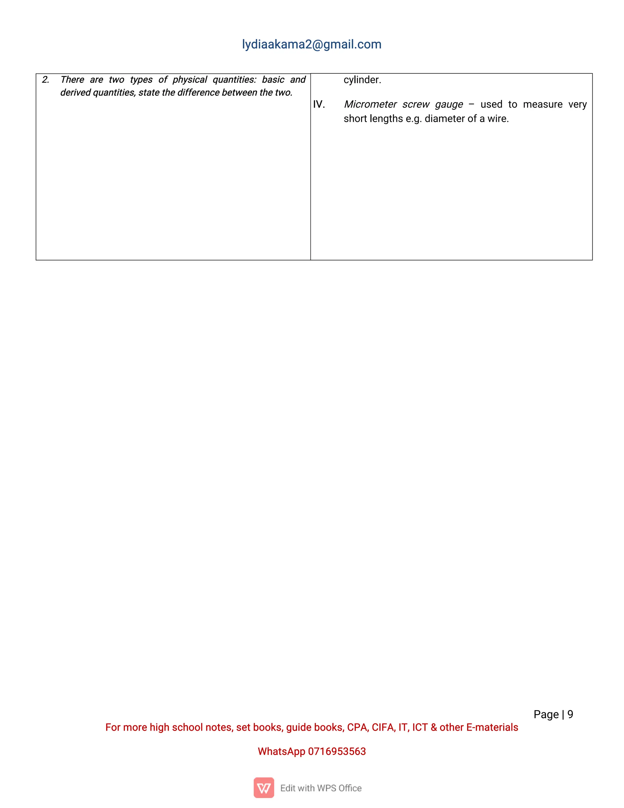 l
y
d
i
a
a
k
a
ma
2
@g
ma
i
l
.
c
o
m
P
a
g
e
|
9
F
o
r
mo
r
e
h
i
g
hs
c
h
o
o
l
n
o
t
e
s
,
s
e
t
b
o
o
k
s
,
g
u
i
d
e
b
o
o
k
s
,
C
P
A
,
C
I
F
A
,
I
T
,
I
C
T&o
t
h
e
r
E
-
ma
t
e
r
i
a
l
s
Wh
a
t
s
A
p
p0
7
1
6
9
5
3
5
6
3
c
y
l
i
n
d
e
r
.
I
V
. Mi
c
r
o
me
t
e
rs
c
r
e
w g
a
u
g
e– u
s
e
dt
ome
a
s
u
r
ev
e
r
y
s
h
o
r
t
l
e
n
g
t
h
s
e
.
g
.
d
i
a
me
t
e
r
o
f
a
w
i
r
e
.
2
. T
h
e
r
e a
r
e t
w
o t
y
p
e
s o
fp
h
y
s
i
c
a
lq
u
a
n
t
i
t
i
e
s
:b
a
s
i
c a
n
d
d
e
r
i
v
e
dq
u
a
n
t
i
t
i
e
s
,
s
t
a
t
et
h
e
d
i
f
f
e
r
e
n
c
e
b
e
t
w
e
e
nt
h
e
t
w
o
.
 