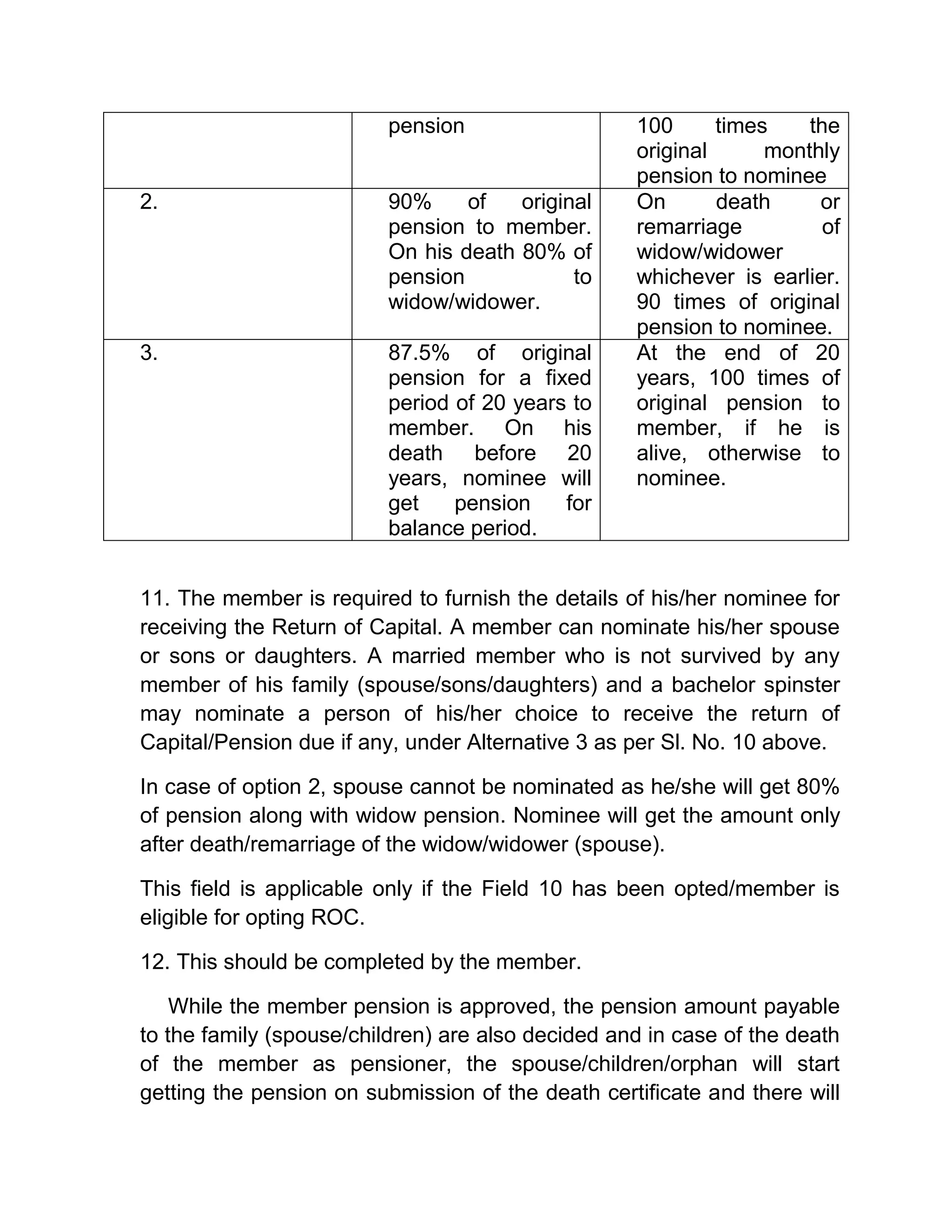 pension 100 times the
original monthly
pension to nominee
2. 90% of original
pension to member.
On his death 80% of
pension to
widow/widower.
On death or
remarriage of
widow/widower
whichever is earlier.
90 times of original
pension to nominee.
3. 87.5% of original
pension for a fixed
period of 20 years to
member. On his
death before 20
years, nominee will
get pension for
balance period.
At the end of 20
years, 100 times of
original pension to
member, if he is
alive, otherwise to
nominee.
11. The member is required to furnish the details of his/her nominee for
receiving the Return of Capital. A member can nominate his/her spouse
or sons or daughters. A married member who is not survived by any
member of his family (spouse/sons/daughters) and a bachelor spinster
may nominate a person of his/her choice to receive the return of
Capital/Pension due if any, under Alternative 3 as per Sl. No. 10 above.
In case of option 2, spouse cannot be nominated as he/she will get 80%
of pension along with widow pension. Nominee will get the amount only
after death/remarriage of the widow/widower (spouse).
This field is applicable only if the Field 10 has been opted/member is
eligible for opting ROC.
12. This should be completed by the member.
While the member pension is approved, the pension amount payable
to the family (spouse/children) are also decided and in case of the death
of the member as pensioner, the spouse/children/orphan will start
getting the pension on submission of the death certificate and there will
 