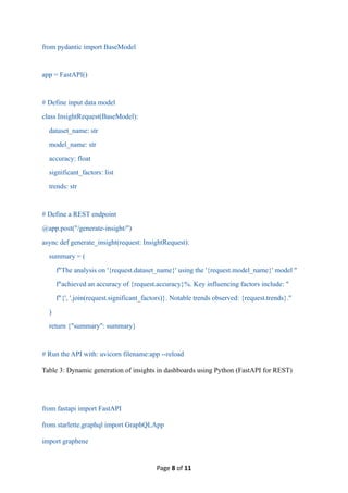 Page 8 of 11
from pydantic import BaseModel
app = FastAPI()
# Define input data model
class InsightRequest(BaseModel):
dataset_name: str
model_name: str
accuracy: float
significant_factors: list
trends: str
# Define a REST endpoint
@app.post("/generate-insight/")
async def generate_insight(request: InsightRequest):
summary = (
f"The analysis on '{request.dataset_name}' using the '{request.model_name}' model "
f"achieved an accuracy of {request.accuracy}%. Key influencing factors include: "
f"{', '.join(request.significant_factors)}. Notable trends observed: {request.trends}."
)
return {"summary": summary}
# Run the API with: uvicorn filename:app --reload
Table 3: Dynamic generation of insights in dashboards using Python (FastAPI for REST)
from fastapi import FastAPI
from starlette.graphql import GraphQLApp
import graphene
 
