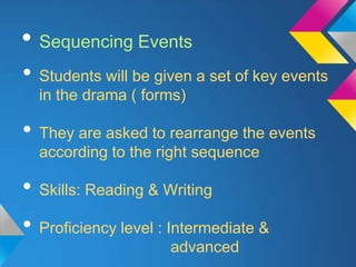 • Sequencing Events
• Students will be given a set of key events
  in the drama ( forms)

• They are asked to rearrange the events
  according to the right sequence

• Skills: Reading & Writing
• Proficiency level : Intermediate &
                     advanced
 