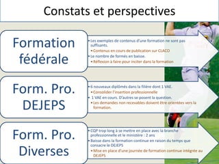 Constats et perspectives
•Les exemples de contenus d’une formation ne sont pas
suffisants.
•Contenus en cours de publication sur CLACO
•Le nombre de formés en baisse.
•Réflexion à faire pour inciter dans la formation
Formation
fédérale
•6 nouveaux diplômés dans la filière dont 1 VAE.
•Consolider l’insertion professionnelle
• 1 VAE en cours. D’autres se posent la question.
•Les demandes non recevables doivent être orientées vers la
formation.
Form. Pro.
DEJEPS
•CQP trop long à se mettre en place avec la branche
professionnelle et le ministère : 2 ans
•Baisse dans la formation continue en raison du temps que
consacre le DEJEPS
•Mise en place d’une journée de formation continue intégrée au
DEJEPS
Form. Pro.
Diverses
 