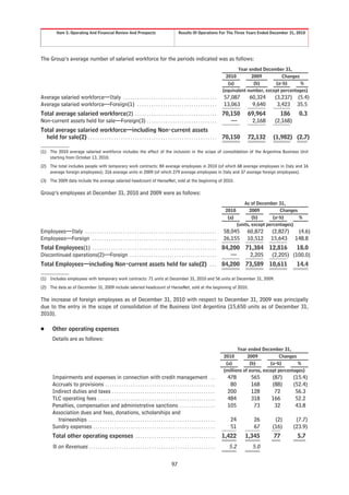 Item 5. Operating And Financial Review And Prospects                                       Results Of Operations For The Three Years Ended December 31, 2010




The Group’s average number of salaried workforce for the periods indicated was as follows:
                                                                                                                                            Year ended December 31,
                                                                                                                                       2010        2009          Changes
                                                                                                                                        (a)         (b)      (a-b)       %
                                                                                                                                     (equivalent number, except percentages)
Average salaried workforce—Italy . . . . . . . . . . . . . . . . . . . . . . . . . . . . . . . . . . . . . . . .                     57,087       60,324      (3,237) (5.4)
Average salaried workforce—Foreign(1) . . . . . . . . . . . . . . . . . . . . . . . . . . . . . . . . . .                            13,063        9,640       3,423 35.5
Total average salaried workforce(2) . . . . . . . . . . . . . . . . . . . . . . . . . . . . . . . . . . .                            70,150       69,964        186       0.3
Non-current assets held for sale—Foreign(3) . . . . . . . . . . . . . . . . . . . . . . . . . . . . . .                                 —          2,168      (2,168)
Total average salaried workforce—including Non-current assets
  held for sale(2) . . . . . . . . . . . . . . . . . . . . . . . . . . . . . . . . . . . . . . . . . . . . . . . . . . . . . . .     70,150       72,132     (1,982) (2.7)

(1) The 2010 average salaried workforce includes the effect of the inclusion in the scope of consolidation of the Argentina Business Unit
    starting from October 13, 2010.
(2) The total includes people with temporary work contracts: 84 average employees in 2010 (of which 68 average employees in Italy and 16
    average foreign employees); 316 average units in 2009 (of which 279 average employees in Italy and 37 average foreign employees).
(3) The 2009 data include the average salaried headcount of HanseNet, sold at the beginning of 2010.

Group’s employees at December 31, 2010 and 2009 were as follows:
                                                                                                                                                 As of December 31,
                                                                                                                                      2010         2009           Changes
                                                                                                                                       (a)           (b)       (a-b)      %
                                                                                                                                             (units, except percentages)
Employees—Italy . . . . . . . . . . . . . . . . . . . . . . . . . . . . . . . . . . . . . . . . . . . . . . . . . . . . . . . .      58,045      60,872     (2,827)      (4.6)
Employees—Foreign . . . . . . . . . . . . . . . . . . . . . . . . . . . . . . . . . . . . . . . . . . . . . . . . . . . . .          26,155      10,512     15,643      148.8
Total Employees(1) . . . . . . . . . . . . . . . . . . . . . . . . . . . . . . . . . . . . . . . . . . . . . . . . . . . . .         84,200 71,384 12,816    18.0
Discontinued operations(2)—Foreign . . . . . . . . . . . . . . . . . . . . . . . . . . . . . . . . . . . . .                            —    2,205 (2,205) (100.0)
Total Employees—including Non-current assets held for sale(2) . . .                                                                  84,200 73,589 10,611                14.4

(1) Includes employees with temporary work contracts: 71 units at December 31, 2010 and 56 units at December 31, 2009.
(2) The data as of December 31, 2009 include salaried headcount of HanseNet, sold at the beginning of 2010.

The increase of foreign employees as of December 31, 2010 with respect to December 31, 2009 was principally
due to the entry in the scope of consolidation of the Business Unit Argentina (15,650 units as of December 31,
2010).

Š       Other operating expenses
        Details are as follows:
                                                                                                                                            Year ended December 31,
                                                                                                                                     2010        2009           Changes
                                                                                                                                      (a)         (b)       (a-b)        %
                                                                                                                                     (millions of euros, except percentages)
        Impairments and expenses in connection with credit management . .                                                              478         565      (87)        (15.4)
        Accruals to provisions . . . . . . . . . . . . . . . . . . . . . . . . . . . . . . . . . . . . . . . . . . . . . . .            80         168      (88)        (52.4)
        Indirect duties and taxes . . . . . . . . . . . . . . . . . . . . . . . . . . . . . . . . . . . . . . . . . . . .              200         128       72          56.3
        TLC operating fees . . . . . . . . . . . . . . . . . . . . . . . . . . . . . . . . . . . . . . . . . . . . . . . . . .         484         318      166          52.2
        Penalties, compensation and administrative sanctions . . . . . . . . . . . . . . .                                             105          73       32          43.8
        Association dues and fees, donations, scholarships and
          traineeships . . . . . . . . . . . . . . . . . . . . . . . . . . . . . . . . . . . . . . . . . . . . . . . . . . . . . .      24          26        (2)        (7.7)
        Sundry expenses . . . . . . . . . . . . . . . . . . . . . . . . . . . . . . . . . . . . . . . . . . . . . . . . . . . .         51          67       (16)       (23.9)
        Total other operating expenses . . . . . . . . . . . . . . . . . . . . . . . . . . . . . . . . . .                           1,422      1,345        77          5.7
        % on Revenues . . . . . . . . . . . . . . . . . . . . . . . . . . . . . . . . . . . . . . . . . . . . . . . . . . . . . .      5.2          5.0

                                                                                                 97
 