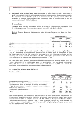 Item 5. Operating And Financial Review And Prospects                                                Results Of Operations For The Three Years Ended December 31, 2010




Š        Impairment losses on non-current assets amounted to 63 million euros in 2010 (12 million euros in
         2009) and included 46 million euros for the impairment of the goodwill allocated to the Media Business Unit.
         The impairment was based on the results of the impairment test. The remaining amount includes the
         writedowns of intangible and tangible assets and the provision charge for expenses connected with the
         transactions for the sale of BBNed and Elettra.


❖        OPERATING PROFIT
         Operating profit was 5,813 million euros in 2010, an increase of 320 million euros compared to 2009
         (+5.8%). As a percentage of revenues, operating profit was 21.1% in 2010 (20.4% in 2009).


❖        SHARE OF PROFITS (LOSSES)                                   OF     ASSOCIATES               AND       JOINT VENTURES ACCOUNTED                    FOR   USING   THE    EQUITY
         METHOD

                                                                                                                                                     Year ended December 31,
                                                                                                                                               2010           2009           Changes
                                                                                                                                                (a)            (b)        (a-b)     %
                                                                                                                                              (millions of euros, except percentages)
ETECSA. . . . . . . . . . . . . . . . . . . . . . . . . . . . . . . . . . . . . . . . . . . . . . . . . . . . . . . . . . . . . . . . .         84            54          30      55.6
Other . . . . . . . . . . . . . . . . . . . . . . . . . . . . . . . . . . . . . . . . . . . . . . . . . . . . . . . . . . . . . . . . . . .     15            13           2      15.4
Total . . . . . . . . . . . . . . . . . . . . . . . . . . . . . . . . . . . . . . . . . . . . . . . . . . . . . . . . . . . . . . . . . . .    99             67          32     47.8


The investment in ETECSA (Cuba) has been classified in Non-current assets held for sale starting from October
2010. As a consequence, the investment value includes not only the share of results up to September 30, 2010
but also an impairment reversal of 30 million euros, recorded up to the limit of the impairment losses recorded
previously. Such reversal was made in accordance with IFRS 5 following the agreements reached at the end of
2010 for the sale of the investment. The sale was finalized on January 31, 2011.

For further details about the above mentioned investments accounted for using the equity method please see
“Item 4. Information on the Telecom Italia Group—4.2 Business Units—4.2.5 International Investments”,
“Note—Other Non-current assets” and “Note—Events Subsequent To December 31, 2010” of the Notes to the
Consolidated Financial Statements included elsewhere in this Annual Report.


❖        OTHER INCOME (EXPENSES) FROM INVESTMENTS
Details are as follows:

                                                                                                                                                     Year ended December 31,
                                                                                                                                               2010           2009           Changes
                                                                                                                                                (a)            (b)        (a-b)     %
                                                                                                                                              (millions of euros, except percentages)
Dividends from other investments . . . . . . . . . . . . . . . . . . . . . . . . . . . . . . . . . . . . . . .                                    2              2        —       —
Net gains on disposal of other investments . . . . . . . . . . . . . . . . . . . . . . . . . . . . . .                                           30              4         26     650
Sofora revaluation, net of the reversal of the negative exchange rate
  reserve . . . . . . . . . . . . . . . . . . . . . . . . . . . . . . . . . . . . . . . . . . . . . . . . . . . . . . . . . . . . . . .         266           —           266     —
Writedowns of Italtel group . . . . . . . . . . . . . . . . . . . . . . . . . . . . . . . . . . . . . . . . . . . . .                           —             (39)         39     —
Writedowns of other investments . . . . . . . . . . . . . . . . . . . . . . . . . . . . . . . . . . . . . . .                                    (9)          (18)          9      50
Total . . . . . . . . . . . . . . . . . . . . . . . . . . . . . . . . . . . . . . . . . . . . . . . . . . . . . . . . . . . . . . . . . . .    289            (51)       340      667


Other income (expenses) from investments in 2010 amounted to 289 million euros, including the revaluation, net
of the negative exchange rate effect, of 266 million euros on the investment interest already held in Sofora
Telecomunicaciones (50%). In particular, consistent with IFRS 3, following the acquisition of control of Sofora
Telecomunicaciones, which took place on October 13, 2010 through the acquisition of a further 8% stake, the
investment interest previously held in the subsidiary, accounted for using the equity method, was remeasured at
fair value at the acquisition date of control.

                                                                                                          99
 