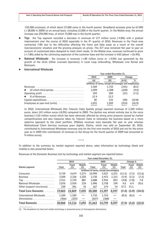 Item 5. Operating And Financial Review And Prospects                                       Results Of Operations For The Three Years Ended December 31, 2010




         -235,000 accesses), of which about 27,000 came in the fourth quarter. Broadband accesses grew by 67,000
         (+38,000 in 2009) on an annual basis, including 12,000 in the fourth quarter. In the Mobile area, the annual
         increase was 294,000 lines, of which 73,000 was in the fourth quarter;
Š        Top: the Top segment recorded a decrease in revenues of 177 million euros (-4.8%) with a gradual
         improvement over the course of 2010 especially in the 4th quarter of 2010. Revenues in the Fixed area
         contracted 7.8% due to the difficulties affecting the Voice and Data areas as a result of the overall
         macroeconomic situation and the growing pressure on prices. The ICT area remained flat year to year on
         account of customized plans designed to meet client needs. In the Mobile area, revenues continued to grow
         (+7.8%) aided by the continuing expansion of the customer base and the increase in VAS (about +16.4%);
Š        National Wholesale: the increase in revenues (+80 million euros or +4.0%) was generated by the
         growth of the OLOs (Other Licensed Operators) in Local Loop Unbundling, Wholesale Line Rental and
         Bitstream.
Š        International Wholesale
                                                                                                                           Year ended December 31,
                                                                                                                  2010             2009             Change
                                                                                                                   (a)              (b)         (a-b)       %
                                                                                                            (millions of euros, except percentages and employees)
         Revenues . . . . . . . . . . . . . . . . . . . . . . . . . . . . . . . . . . . . . . . . . . . .       1,569            1,710           (141)        (8.2)
         Š Of which third parties . . . . . . . . . . . . . . . . . . . . . . . . . . . .                       1,099            1,208           (109)        (9.0)
         Operating profit . . . . . . . . . . . . . . . . . . . . . . . . . . . . . . . . . . . . . .             194              209            (15)        (7.2)
         Š % of Revenues . . . . . . . . . . . . . . . . . . . . . . . . . . . . . . . . . . .                   12.4             12.2
         Capital expenditures . . . . . . . . . . . . . . . . . . . . . . . . . . . . . . . . . .                  82              122            (40)       (32.8)
         Employees at year-end (units) . . . . . . . . . . . . . . . . . . . . . . . .                          1,055            1,269           (214)       (16.9)

         In 2010, International Wholesale (the Telecom Italia Sparkle group) reported revenues of 1,569 million
         euros, down 141 million euros (-8.2%) compared to 2009. The decline was almost entirely due to the voice
         business (-132 million euros) which has been adversely affected by strong price pressure caused by market
         competitiveness and also measures taken by Telecom Italia to rationalize the business based on a more
         selective approach to the client portfolio. IP&Data revenues were basically flat year on year whereas
         Multinational Client Services revenues grew slightly. Elettra, which was sold on September 30, 2010,
         contributed to International Wholesale revenues only for the first nine months of 2010 and not for the entire
         year as in 2009 (the contribution of revenues to the Group for the fourth quarter of 2009 had amounted to
         9 million euros).
                                                                                                ***
In addition to the summary by market segment reported above, sales information by technology (fixed and
mobile) is also presented below.
Revenues of the Domestic Business Unit by technology and market segment are reported below:
                                                                                                         Year ended December 31,
                                                                                 2010                                  2009                     Change %
                                                                                  Fixed          Mobile                 Fixed    Mobile          Fixed Mobile
Market segment                                                  Total              (1)            (1)       Total        (1)       (1)    Total   (1)    (1)
                                                                                                  (millions of euros, except percentages)
Consumer . . . . . . . . . . . . . . . . . . . . . .             9,739             4,674          5,275        10,999      5,037      6,251     (11.5)   (7.2)     (15.6)
Business . . . . . . . . . . . . . . . . . . . . . . .           3,509             2,336          1,220         3,730      2,472      1,315      (5.9)   (5.5)      (7.2)
Top . . . . . . . . . . . . . . . . . . . . . . . . . . . .      3,511             2,724            887         3,688      2,956        823      (4.8)   (7.8)       7.8
National Wholesale . . . . . . . . . . . . .                     2,076             2,934            234         1,996      2,758        194       4.0     6.4       20.6
Other (support structures) . . . . . .                             230               201             76           167        174         14      37.2    15.1
Total Core Domestic . . . . . . . . .                         19,065 12,869 7,692 20,580 13,397 8,597                                            (7.4) (3.9) (10.5)
International Wholesale . . . . . . . .                          1,569             1,569             —          1,710      1,710         —       (8.2) (8.2)          —
Eliminations . . . . . . . . . . . . . . . . . . . .              (566)             (322)            —           (627)      (368)        —
Total Domestic . . . . . . . . . . . . . . .                  20,068 14,116 7,692 21,663 14,739 8,597                                            (7.4) (4.2) (10.5)

(1) The breakdown by fixed and mobile technology is presented gross of intersegment eliminations.


                                                                                                 102
 