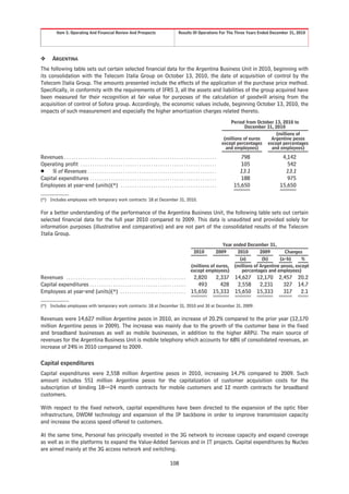 Item 5. Operating And Financial Review And Prospects                                            Results Of Operations For The Three Years Ended December 31, 2010




❖        ARGENTINA
The following table sets out certain selected financial data for the Argentina Business Unit in 2010, beginning with
its consolidation with the Telecom Italia Group on October 13, 2010, the date of acquisition of control by the
Telecom Italia Group. The amounts presented include the effects of the application of the purchase price method.
Specifically, in conformity with the requirements of IFRS 3, all the assets and liabilities of the group acquired have
been measured for their recognition at fair value for purposes of the calculation of goodwill arising from the
acquisition of control of Sofora group. Accordingly, the economic values include, beginning October 13, 2010, the
impacts of such measurement and especially the higher amortization charges related thereto.
                                                                                                                                                 Period from October 13, 2010 to
                                                                                                                                                         December 31, 2010
                                                                                                                                                                       (millions of
                                                                                                                                              (millions of euros    Argentine pesos
                                                                                                                                             except percentages except percentages
                                                                                                                                               and employees)       and employees)

Revenues . . . . . . . . . . . . . . . . . . . . . . . . . . . . . . . . . . . . . . . . . . . . . . . . . . . . . . . . . . . . . . . . .           798               4,142
Operating profit . . . . . . . . . . . . . . . . . . . . . . . . . . . . . . . . . . . . . . . . . . . . . . . . . . . . . . . . . .                 105                 542
Š % of Revenues . . . . . . . . . . . . . . . . . . . . . . . . . . . . . . . . . . . . . . . . . . . . . . . . . . . . . . .                       13.1                13.1
Capital expenditures . . . . . . . . . . . . . . . . . . . . . . . . . . . . . . . . . . . . . . . . . . . . . . . . . . . . . .                     188                 975
Employees at year-end (units)(*) . . . . . . . . . . . . . . . . . . . . . . . . . . . . . . . . . . . . . . . . .                                15,650              15,650

(*) Includes employees with temporary work contracts: 18 at December 31, 2010.

For a better understanding of the performance of the Argentina Business Unit, the following table sets out certain
selected financial data for the full year 2010 compared to 2009. This data is unaudited and provided solely for
information purposes (illustrative and comparative) and are not part of the consolidated results of the Telecom
Italia Group.
                                                                                                                                      Year ended December 31,
                                                                                                                        2010       2009      2010      2009        Changes
                                                                                                                                              (a)       (b)     (a-b)      %
                                                                                                                      (millions of euros, (millions of Argentine pesos, except
                                                                                                                      except employees)        percentages and employees)
Revenues . . . . . . . . . . . . . . . . . . . . . . . . . . . . . . . . . . . . . . . . . . . . . . . . . . .         2,820            2,337     14,627    12,170    2,457    20.2
Capital expenditures . . . . . . . . . . . . . . . . . . . . . . . . . . . . . . . . . . . . . . . . .                   493              428      2,558     2,231      327    14.7
Employees at year-end (units)(*) . . . . . . . . . . . . . . . . . . . . . . . . . . . .                              15,650           15,333     15,650    15,333      317     2.1

(*) Includes employees with temporary work contracts: 18 at December 31, 2010 and 30 at December 31, 2009.

Revenues were 14,627 million Argentine pesos in 2010, an increase of 20.2% compared to the prior year (12,170
million Argentine pesos in 2009). The increase was mainly due to the growth of the customer base in the fixed
and broadband businesses as well as mobile businesses, in addition to the higher ARPU. The main source of
revenues for the Argentina Business Unit is mobile telephony which accounts for 68% of consolidated revenues, an
increase of 24% in 2010 compared to 2009.

Capital expenditures
Capital expenditures were 2,558 million Argentine pesos in 2010, increasing 14.7% compared to 2009. Such
amount includes 551 million Argentine pesos for the capitalization of customer acquisition costs for the
subscription of binding 18—24 month contracts for mobile customers and 12 month contracts for broadband
customers.

With respect to the fixed network, capital expenditures have been directed to the expansion of the optic fiber
infrastructure, DWDM technology and expansion of the IP backbone in order to improve transmission capacity
and increase the access speed offered to customers.

At the same time, Personal has principally invested in the 3G network to increase capacity and expand coverage
as well as in the platforms to expand the Value-Added Services and in IT projects. Capital expenditures by Nucleo
are aimed mainly at the 3G access network and switching.

                                                                                                     108
 