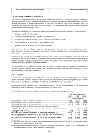 Item 5. Operating And Financial Review And Prospects                                                                                      Liquidity And Capital Resources




5.3       LIQUIDITY AND CAPITAL RESOURCES
The Telecom Italia Group defines the guidelines for directing operations, identifying the most appropriate
financial instruments to meet pre-determined objectives, monitoring the results achieved and excluding the use of
financial instruments for speculative purposes. In particular, the Telecom Italia Group employs a variety of
instruments to finance its operations and raise liquidity. The instruments used are bond issues, alongside
committed and uncommitted bank lines.

The Telecom Italia Group has a centralized treasury function which operates in the interests of the entire Group:
Š       allocating liquidity where necessary;
Š       obtaining excess cash resources from the Group companies;
Š       guaranteeing an adequate level of liquidity compatible with individual needs;
Š       acting on behalf of its subsidiaries to negotiate bank lines;
Š       providing financial consulting services to its subsidiaries.

These activities reduce the Group companies’ need to seek bank lines and enable those companies to obtain
better conditions from the banking system by constantly monitoring cash flows and ensuring a more efficient use
of liquidity in excess of requirements.

Furthermore, the Telecom Italia Group has a centralized financial risk management policy for market, credit and
liquidity risks. For additional details on funding and treasury policies and risk policies reference should be made to
the Note “Cash and cash equivalents” and “Financial risk management” of the Notes to the Consolidated Financial
Statements included elsewhere in this Annual Report.

The Group’s goal is to achieve an “adequate level of financial flexibility” which is expressed by maintaining a
treasury margin in terms of liquid resources and syndicated committed credit lines which enables it to cover
refinancing needs for the next 18-24 months.

5.3.1         LIQUIDITY
Telecom Italia Group’s primary source of liquidity is cash generated from operations and its principal use of funds
are the payment of operating expenses, capital expenditures and investments, the servicing of debt, the payment
of dividends to shareholders and strategic investments, such as international acquisitions.

For additional details, reference should be made to the Note “Cash and cash equivalents” of the Notes to the
Consolidated Financial Statements included elsewhere in this Annual Report.

The table below summarizes, for the periods indicated, the Telecom Italia Group’s cash flows.
                                                                                                                                                    Year ended December 31,
                                                                                                                                                  2010        2009         2008
                                                                                                                                                       (millions of euros)
Cash flows from (used in) operating activities . . . . . . . . . . . . . . . . . . . . . . . . . . . . . . . . . . .                               6,873       5,475         8,261
Cash flows from (used in) investing activities . . . . . . . . . . . . . . . . . . . . . . . . . . . . . . . . . . . .                            (3,319)     (4,569)       (6,672)
Cash flows from (used in) financing activities . . . . . . . . . . . . . . . . . . . . . . . . . . . . . . . . . . . .                            (3,904)       (881)       (2,409)
Cash flows from (used in) Discontinued operations/Non-current assets
  held for sale (*) . . . . . . . . . . . . . . . . . . . . . . . . . . . . . . . . . . . . . . . . . . . . . . . . . . . . . . . . . . . . . .     —              61           (41)
Aggregate cash flows (A) . . . . . . . . . . . . . . . . . . . . . . . . . . . . . . . . . . . . . . . . . . . . . . . . . . . . .                 (350)         86          (861)
Net cash and cash equivalents (**) at beginning of the year (B) . . . . . . . . . . .                                                             5,484       5,226         6,204
Net foreign exchange differences on net cash and cash equivalents (C) . .                                                                           148         172          (117)
Net cash and cash equivalents (**) at end of the year (D=A+B+C) . . . . . . .                                                                     5,282       5,484         5,226

(*) For further details please see the Note “Discontinued operations/non-current assets held for sale” of the Consolidated Financial
    Statements included elsewhere in this Annual Report.
(**) For further details please see the Consolidated Statements of Cash Flows for the years ended December 31, 2010, 2009 and 2008 of the
     Consolidated Financial Statements included elsewhere in this Annual Report.


                                                                                                 131
 