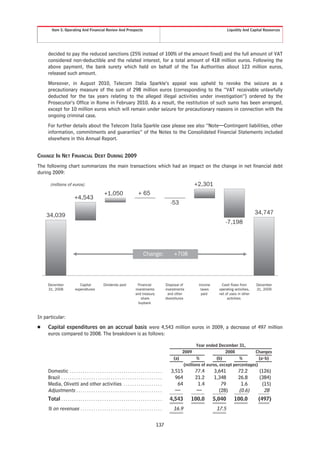 Item 5. Operating And Financial Review And Prospects                                                                                    Liquidity And Capital Resources




     decided to pay the reduced sanctions (25% instead of 100% of the amount fined) and the full amount of VAT
     considered non-deductible and the related interest, for a total amount of 418 million euros. Following the
     above payment, the bank surety which held on behalf of the Tax Authorities about 123 million euros,
     released such amount.
     Moreover, in August 2010, Telecom Italia Sparkle’s appeal was upheld to revoke the seizure as a
     precautionary measure of the sum of 298 million euros (corresponding to the “VAT receivable unlawfully
     deducted for the tax years relating to the alleged illegal activities under investigation”) ordered by the
     Prosecutor’s Office in Rome in February 2010. As a result, the restitution of such sums has been arranged,
     except for 10 million euros which will remain under seizure for precautionary reasons in connection with the
     ongoing criminal case.
     For further details about the Telecom Italia Sparkle case please see also “Note—Contingent liabilities, other
     information, commitments and guaranties” of the Notes to the Consolidated Financial Statements included
     elsewhere in this Annual Report.


CHANGE IN NET FINANCIAL DEBT DURING 2009
The following chart summarizes the main transactions which had an impact on the change in net financial debt
during 2009:

       (millions of euros)                                                                                                    +2,301
                                                      +1,050                        + 65
                            +4,543
                                                                                                               -53

    34,039                                                                                                                                                        34,747
                                                                                                                                              -7,198




                                                                                        Change:                  +708




     December                  Capital               Dividends paid                 Financial               Disposal of        Income      Cash flows from        December
     31, 2008               expenditures                                          investments               investments         taxes     operating activities,   31, 2009
                                                                                  and treasury                and other         paid      net of uses in other
                                                                                      share                 divestitures                       activities
                                                                                    buyback


In particular:
Š    Capital expenditures on an accrual basis were 4,543 million euros in 2009, a decrease of 497 million
     euros compared to 2008. The breakdown is as follows:

                                                                                                                               Year ended December 31,
                                                                                                                       2009                    2008           Changes
                                                                                                                 (a)           %          (b)         %         (a-b)
                                                                                                                        (millions of euros, except percentages)
     Domestic . . . . . . . . . . . . . . . . . . . . . . . . . . . . . . . . . . . . . . . . . . .            3,515          77.4      3,641          72.2        (126)
     Brazil . . . . . . . . . . . . . . . . . . . . . . . . . . . . . . . . . . . . . . . . . . . . . . .        964          21.2      1,348          26.8        (384)
     Media, Olivetti and other activities . . . . . . . . . . . . . . . . . .                                     64           1.4         79           1.6         (15)
     Adjustments . . . . . . . . . . . . . . . . . . . . . . . . . . . . . . . . . . . . . . . .                 —             —          (28)         (0.6)         28
     Total . . . . . . . . . . . . . . . . . . . . . . . . . . . . . . . . . . . . . . . . . . . . . . .      4,543        100.0        5,040       100.0          (497)
     % on revenues               ......................................                                          16.9                    17.5

                                                                                                    137
 
