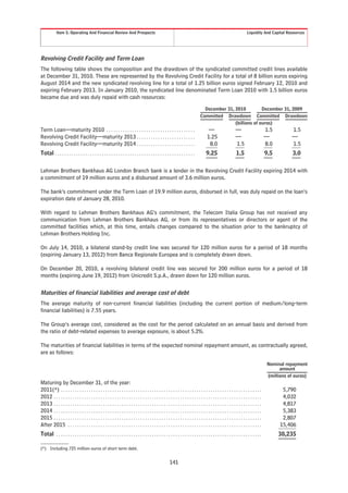 Item 5. Operating And Financial Review And Prospects                                                                                                         Liquidity And Capital Resources




Revolving Credit Facility and Term Loan
The following table shows the composition and the drawdown of the syndicated committed credit lines available
at December 31, 2010. These are represented by the Revolving Credit Facility for a total of 8 billion euros expiring
August 2014 and the new syndicated revolving line for a total of 1.25 billion euros signed February 12, 2010 and
expiring February 2013. In January 2010, the syndicated line denominated Term Loan 2010 with 1.5 billion euros
became due and was duly repaid with cash resources:
                                                                                                                                     December 31, 2010          December 31, 2009
                                                                                                                                   Committed Drawdown Committed Drawdown
                                                                                                                                                  (billions of euros)
Term Loan—maturity 2010 . . . . . . . . . . . . . . . . . . . . . . . . . . . . . . . . . . . . . .                                       —                     —                        1.5         1.5
Revolving Credit Facility—maturity 2013 . . . . . . . . . . . . . . . . . . . . . . . . .                                                1.25                   —                        —           —
Revolving Credit Facility—maturity 2014 . . . . . . . . . . . . . . . . . . . . . . . . .                                                 8.0                   1.5                      8.0         1.5
Total . . . . . . . . . . . . . . . . . . . . . . . . . . . . . . . . . . . . . . . . . . . . . . . . . . . . . . . . . . . .           9.25                     1.5                     9.5          3.0

Lehman Brothers Bankhaus AG London Branch bank is a lender in the Revolving Credit Facility expiring 2014 with
a commitment of 19 million euros and a disbursed amount of 3.6 million euros.

The bank’s commitment under the Term Loan of 19.9 million euros, disbursed in full, was duly repaid on the loan’s
expiration date of January 28, 2010.

With regard to Lehman Brothers Bankhaus AG’s commitment, the Telecom Italia Group has not received any
communication from Lehman Brothers Bankhaus AG, or from its representatives or directors or agent of the
committed facilities which, at this time, entails changes compared to the situation prior to the bankruptcy of
Lehman Brothers Holding Inc.

On July 14, 2010, a bilateral stand-by credit line was secured for 120 million euros for a period of 18 months
(expiring January 13, 2012) from Banca Regionale Europea and is completely drawn down.

On December 20, 2010, a revolving bilateral credit line was secured for 200 million euros for a period of 18
months (expiring June 19, 2012) from Unicredit S.p.A., drawn down for 120 million euros.

Maturities of financial liabilities and average cost of debt
The average maturity of non-current financial liabilities (including the current portion of medium/long-term
financial liabilities) is 7.55 years.

The Group’s average cost, considered as the cost for the period calculated on an annual basis and derived from
the ratio of debt-related expenses to average exposure, is about 5.2%.

The maturities of financial liabilities in terms of the expected nominal repayment amount, as contractually agreed,
are as follows:
                                                                                                                                                                                          Nominal repayment
                                                                                                                                                                                                amount
                                                                                                                                                                                          (millions of euros)
Maturing by December 31, of the year:
2011(*) . . . . . . . . . . . . . . . . . . . . . . . . . . . . . . . . . . . . . . . . . . . . . . . . . . . . . . . . . . . . . . . . . . . . . . . . . . . . . . . . . . . . . .              5,790
2012 . . . . . . . . . . . . . . . . . . . . . . . . . . . . . . . . . . . . . . . . . . . . . . . . . . . . . . . . . . . . . . . . . . . . . . . . . . . . . . . . . . . . . . . . .           4,032
2013 . . . . . . . . . . . . . . . . . . . . . . . . . . . . . . . . . . . . . . . . . . . . . . . . . . . . . . . . . . . . . . . . . . . . . . . . . . . . . . . . . . . . . . . . .           4,817
2014 . . . . . . . . . . . . . . . . . . . . . . . . . . . . . . . . . . . . . . . . . . . . . . . . . . . . . . . . . . . . . . . . . . . . . . . . . . . . . . . . . . . . . . . . .           5,383
2015 . . . . . . . . . . . . . . . . . . . . . . . . . . . . . . . . . . . . . . . . . . . . . . . . . . . . . . . . . . . . . . . . . . . . . . . . . . . . . . . . . . . . . . . . .           2,807
After 2015 . . . . . . . . . . . . . . . . . . . . . . . . . . . . . . . . . . . . . . . . . . . . . . . . . . . . . . . . . . . . . . . . . . . . . . . . . . . . . . . . . . .                15,406
Total . . . . . . . . . . . . . . . . . . . . . . . . . . . . . . . . . . . . . . . . . . . . . . . . . . . . . . . . . . . . . . . . . . . . . . . . . . . . . . . . . . . . . . . .          38,235

(*) Including 725 million euros of short term debt.


                                                                                                          141
 