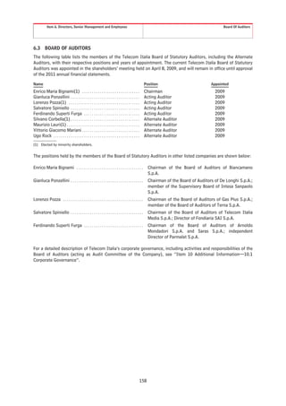 Item 6. Directors, Senior Management and Employees                                                                                    Board Of Auditors




6.3       BOARD OF AUDITORS
The following table lists the members of the Telecom Italia Board of Statutory Auditors, including the Alternate
Auditors, with their respective positions and years of appointment. The current Telecom Italia Board of Statutory
Auditors was appointed in the shareholders’ meeting held on April 8, 2009, and will remain in office until approval
of the 2011 annual financial statements.

Name                                                                                                  Position                             Appointed
Enrico Maria Bignami(1) . . . . . . . . . . . . . . . . . . . . . . . . . . . . . .                   Chairman                               2009
Gianluca Ponzellini . . . . . . . . . . . . . . . . . . . . . . . . . . . . . . . . . . . .           Acting Auditor                         2009
Lorenzo Pozza(1) . . . . . . . . . . . . . . . . . . . . . . . . . . . . . . . . . . . . .            Acting Auditor                         2009
Salvatore Spiniello . . . . . . . . . . . . . . . . . . . . . . . . . . . . . . . . . . . .           Acting Auditor                         2009
Ferdinando Superti Furga . . . . . . . . . . . . . . . . . . . . . . . . . . . . .                    Acting Auditor                         2009
Silvano Corbella(1) . . . . . . . . . . . . . . . . . . . . . . . . . . . . . . . . . . . .           Alternate Auditor                      2009
Maurizio Lauri(1) . . . . . . . . . . . . . . . . . . . . . . . . . . . . . . . . . . . . . .         Alternate Auditor                      2009
Vittorio Giacomo Mariani . . . . . . . . . . . . . . . . . . . . . . . . . . . . . .                  Alternate Auditor                      2009
Ugo Rock . . . . . . . . . . . . . . . . . . . . . . . . . . . . . . . . . . . . . . . . . . . . .    Alternate Auditor                      2009
(1) Elected by minority shareholders.


The positions held by the members of the Board of Statutory Auditors in other listed companies are shown below:

Enrico Maria Bignami . . . . . . . . . . . . . . . . . . . . . . . . . . . . . . . . . . .                 Chairman of the Board of Auditors of Biancamano
                                                                                                           S.p.A.
Gianluca Ponzellini . . . . . . . . . . . . . . . . . . . . . . . . . . . . . . . . . . . . . .            Chairman of the Board of Auditors of De Longhi S.p.A.;
                                                                                                           member of the Supervisory Board of Intesa Sanpaolo
                                                                                                           S.p.A.
Lorenzo Pozza . . . . . . . . . . . . . . . . . . . . . . . . . . . . . . . . . . . . . . . . . .          Chairman of the Board of Auditors of Gas Plus S.p.A.;
                                                                                                           member of the Board of Auditors of Terna S.p.A.
Salvatore Spiniello . . . . . . . . . . . . . . . . . . . . . . . . . . . . . . . . . . . . . .            Chairman of the Board of Auditors of Telecom Italia
                                                                                                           Media S.p.A.; Director of Fondiaria SAI S.p.A.
Ferdinando Superti Furga . . . . . . . . . . . . . . . . . . . . . . . . . . . . . . .                     Chairman of the Board of Auditors of Arnoldo
                                                                                                           Mondadori S.p.A. and Saras S.p.A.; independent
                                                                                                           Director of Parmalat S.p.A.

For a detailed description of Telecom Italia’s corporate governance, including activities and responsibilities of the
Board of Auditors (acting as Audit Committee of the Company), see “Item 10 Additional Information—10.1
Corporate Governance”.




                                                                                                     158
 