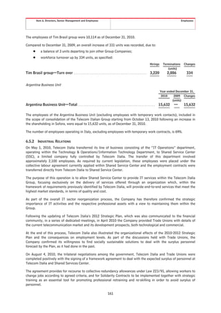 Item 6. Directors, Senior Management and Employees                                                                                              Employees




The employees of Tim Brasil group were 10,114 as of December 31, 2010.

Compared to December 31, 2009, an overall increase of 331 units was recorded, due to:
       Š       a balance of 3 units departing to join other Group Companies;
       Š       workforce turnover up by 334 units, as specified:
                                                                                                                                Hirings     Terminations     Changes
                                                                                                                                               (units)
Tim Brasil group—Turn over . . . . . . . . . . . . . . . . . . . . . . . . . . . . . . . . . . . . . . . . . . . . . . . . .    3,220         2,886            334


Argentina Business Unit
                                                                                                                                          Year ended December 31,
                                                                                                                                           2010     2009 Changes
                                                                                                                                                   (units)
Argentina Business Unit—Total . . . . . . . . . . . . . . . . . . . . . . . . . . . . . . . . . . . . . . . . . . . . . . . . . . . .   15,632     —         15,632

The employees of the Argentina Business Unit (excluding employees with temporary work contacts), included in
the scope of consolidation of the Telecom Italian Group starting from October 13, 2010 following an increase in
the shareholding in Sofora, were equal to 15,632 units, as of December 31, 2010.

The number of employees operating in Italy, excluding employees with temporary work contracts, is 69%.

6.5.2       INDUSTRIAL RELATIONS
On May 1, 2010, Telecom Italia transferred its line of business consisting of the “IT Operations” department,
operating within the Technology & Operations/Information Technology Department, to Shared Service Center
(SSC), a limited company fully controlled by Telecom Italia. The transfer of this department involved
approximately 2,100 employees. As required by current legislation, these employees were placed under the
collective labour agreement currently applied within Shared Service Center and the employment contracts were
transferred directly from Telecom Italia to Shared Service Center.

The purpose of this operation is to allow Shared Service Center to provide IT services within the Telecom Italia
Group, focusing exclusively on the delivery of services offered through an organization which, within the
framework of requirements previously identified by Telecom Italia, will provide end-to-end services that meet the
highest market standards, in terms of quality and cost.

As part of the overall IT sector reorganization process, the Company has therefore confirmed the strategic
importance of IT activities and the respective professional assets with a view to maintaining them within the
Group.

Following the updating of Telecom Italia’s 2012 Strategic Plan, which was also communicated to the financial
community, in a series of dedicated meetings, in April 2010 the Company provided Trade Unions with details of
the current telecommunication market and its development prospects, both technological and commercial.

At the end of this process, Telecom Italia also illustrated the organizational effects of the 2010-2012 Strategic
Plan and the consequences on employment levels. As part of the discussions held with Trade Unions, the
Company confirmed its willingness to find socially sustainable solutions to deal with the surplus personnel
forecast by the Plan, as it had done in the past.

On August 4, 2010, the trilateral negotiations among the government, Telecom Italia and Trade Unions were
completed positively with the signing of a framework agreement to deal with the expected surplus of personnel at
Telecom Italia and Shared Services Center.

The agreement provides for recourse to collective redundancy allowances under Law 223/91, allowing workers to
change jobs according to agreed criteria, and for Solidarity Contracts to be implemented together with strategic
training as an essential tool for promoting professional retraining and re-skilling in order to avoid surplus of
personnel.

                                                                                    161
 