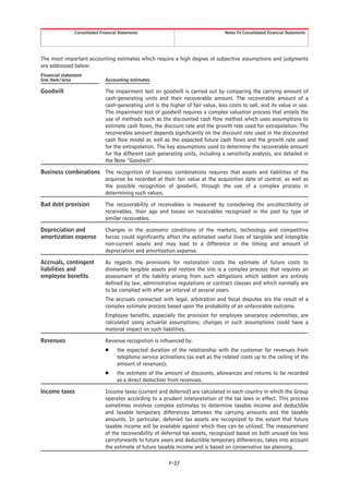Consolidated Financial Statements                                    Notes To Consolidated Financial Statements




The most important accounting estimates which require a high degree of subjective assumptions and judgments
are addressed below:
Financial statement
line item/area                 Accounting estimates

Goodwill                       The impairment test on goodwill is carried out by comparing the carrying amount of
                               cash-generating units and their recoverable amount. The recoverable amount of a
                               cash-generating unit is the higher of fair value, less costs to sell, and its value in use.
                               The impairment test of goodwill requires a complex valuation process that entails the
                               use of methods such as the discounted cash flow method which uses assumptions to
                               estimate cash flows, the discount rate and the growth rate used for extrapolation. The
                               recoverable amount depends significantly on the discount rate used in the discounted
                               cash flow model as well as the expected future cash flows and the growth rate used
                               for the extrapolation. The key assumptions used to determine the recoverable amount
                               for the different cash generating units, including a sensitivity analysis, are detailed in
                               the Note “Goodwill”.
Business combinations The recognition of business combinations requires that assets and liabilities of the
                      acquiree be recorded at their fair value at the acquisition date of control, as well as
                      the possible recognition of goodwill, through the use of a complex process in
                      determining such values.
Bad debt provision             The recoverability of receivables is measured by considering the uncollectibility of
                               receivables, their age and losses on receivables recognized in the past by type of
                               similar receivables.
Depreciation and               Changes in the economic conditions of the markets, technology and competitive
amortization expense           forces could significantly affect the estimated useful lives of tangible and intangible
                               non-current assets and may lead to a difference in the timing and amount of
                               depreciation and amortization expense.
Accruals, contingent           As regards the provisions for restoration costs the estimate of future costs to
liabilities and                dismantle tangible assets and restore the site is a complex process that requires an
employee benefits              assessment of the liability arising from such obligations which seldom are entirely
                               defined by law, administrative regulations or contract clauses and which normally are
                               to be complied with after an interval of several years.
                               The accruals connected with legal, arbitration and fiscal disputes are the result of a
                               complex estimate process based upon the probability of an unfavorable outcome.
                               Employee benefits, especially the provision for employee severance indemnities, are
                               calculated using actuarial assumptions; changes in such assumptions could have a
                               material impact on such liabilities.
Revenues                       Revenue recognition is influenced by:
                               Š     the expected duration of the relationship with the customer for revenues from
                                     telephone service activations (as well as the related costs up to the ceiling of the
                                     amount of revenues);
                               Š     the estimate of the amount of discounts, allowances and returns to be recorded
                                     as a direct deduction from revenues.
Income taxes                   Income taxes (current and deferred) are calculated in each country in which the Group
                               operates according to a prudent interpretation of the tax laws in effect. This process
                               sometimes involves complex estimates to determine taxable income and deductible
                               and taxable temporary differences between the carrying amounts and the taxable
                               amounts. In particular, deferred tax assets are recognized to the extent that future
                               taxable income will be available against which they can be utilized. The measurement
                               of the recoverability of deferred tax assets, recognized based on both unused tax loss
                               carryforwards to future years and deductible temporary differences, takes into account
                               the estimate of future taxable income and is based on conservative tax planning.

                                                           F-27
 