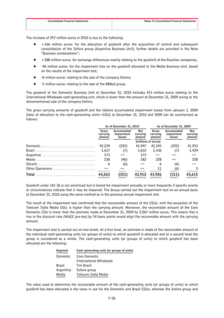 Consolidated Financial Statements                                                              Notes To Consolidated Financial Statements




The increase of 297 million euros in 2010 is due to the following:
         Š        +166 million euros: for the allocation of goodwill after the acquisition of control and subsequent
                  consolidation of the Sofora group (Argentina Business Unit); further details are provided in the Note
                  “Business combinations”;
         Š        +188 million euros: for exchange differences mainly relating to the goodwill of the Brazilian companies;
         Š        -46 million euros: for the impairment loss on the goodwill allocated to the Media Business Unit, based
                  on the results of the impairment test;
         Š        -6 million euros: relating to the sale of the company Elettra;
         Š        -5 million euros: relating to the sale of the BBNed group.

The goodwill of the Domestic Business Unit at December 31, 2010 includes 415 million euros relating to the
International Wholesale cash-generating unit, which is lower than the amount at December 31, 2009 owing to the
aforementioned sale of the company Elettra.

The gross carrying amounts of goodwill and the relative accumulated impairment losses from January 1, 2004
(date of allocation to the cash-generating units—CGU) to December 31, 2010 and 2009 can be summarized as
follows:
                                                                                              As of December 31, 2010                As of December 31, 2009
                                                                                          Gross     Accumulated      Net         Gross     Accumulated      Net
                                                                                         carrying    impairment    carrying carrying        impairment    carrying
                                                                                         amount        losses      amount       amount        losses      amount
                                                                                                                    (millions of euros)
Domestic . . . . . . . . . . . . . . . . . . . . . . . . . . . . . . . . . . . .         42,239         (292)       41,947     42,245          (292)         41,953
Brazil . . . . . . . . . . . . . . . . . . . . . . . . . . . . . . . . . . . . . . . .    1,617           (7)        1,610      1,436            (7)          1,429
Argentina . . . . . . . . . . . . . . . . . . . . . . . . . . . . . . . . . . .             173          —             173        —             —               —
Media . . . . . . . . . . . . . . . . . . . . . . . . . . . . . . . . . . . . . . .         228          (46)          182        228           —               228
Olivetti . . . . . . . . . . . . . . . . . . . . . . . . . . . . . . . . . . . . . .          6           (6)          —            6            (6)            —
Other Operations . . . . . . . . . . . . . . . . . . . . . . . . . . . .                    —            —             —           11            (6)              5
Total . . . . . . . . . . . . . . . . . . . . . . . . . . . . . . . . . . . . . . . 44,263             (351)       43,912 43,926              (311)         43,615

Goodwill under IAS 36 is not amortized but is tested for impairment annually or more frequently if specific events
or circumstances indicate that it may be impaired. The Group carried out the impairment test on an annual basis
at December 31, 2010 using the same method as in the previous annual impairment test.

The result of the impairment test confirmed that the recoverable amount of the CGUs, with the exception of the
Telecom Italia Media CGU, is higher than the carrying amount. Moreover, the recoverable amount of the Core
Domestic CGU is lower than the estimate made at December 31, 2009 by 2,067 million euros. This means that a
rise in the discount rate (WACC pre-tax) by 54 basis points would align the recoverable amount with the carrying
amount.

The impairment test is carried out on two levels. At a first level, an estimate is made of the recoverable amount of
the individual cash-generating units (or groups of units) to which goodwill is allocated and at a second level the
group is considered as a whole. The cash-generating units (or groups of units) to which goodwill has been
allocated are the following:
                                     Segment                   Cash-generating units (or groups of units)

                                     Domestic                  Core Domestic
                                                               International Wholesale
                                     Brazil                    Tim Brasil
                                     Argentina                 Sofora group
                                     Media                     Telecom Italia Media

The value used to determine the recoverable amount of the cash-generating units (or groups of units) to which
goodwill has been allocated is the value in use for the Domestic and Brazil CGUs, whereas the Sofora group and

                                                                                                F-36
 
