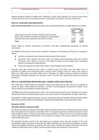 Consolidated Financial Statements                                                                                          Notes To Consolidated Financial Statements




Hedging derivatives relating to hedged items classified as current assets/liabilities of a financial nature mainly
consist of accrued income on derivative contracts. Further details are provided in the Note “Derivatives”.

NOTE 15—CASH AND CASH EQUIVALENTS
Cash and cash equivalents increased 22 million euros compared to December 31, 2009. Details are as follows:
                                                                                                                                                                 As of December 31,
                                                                                                                                                                 2010          2009
                                                                                                                                                                 (millions of euros)
     Liquid assets with banks, financial institutions and post offices . . . . . . . . . . . . . . . . .                                                         4,264         4,613
     Checks, cash and other receivables and deposits for cash flexibility . . . . . . . . . . . . .                                                                  3             1
     Securities other than investments (due within 3 months) . . . . . . . . . . . . . . . . . . . . . . .                                                       1,259           890
     Total . . . . . . . . . . . . . . . . . . . . . . . . . . . . . . . . . . . . . . . . . . . . . . . . . . . . . . . . . . . . . . . . . . . . . . . . . .   5,526        5,504

Further details on Financial Instruments are provided in the Note “Supplementary disclosures on financial
instruments”.

The different technical forms used for the investment of liquidity as of December 31, 2010 can be analyzed as
follows:
     Š        maturities: all deposits have a maximum maturity date of three months;
     Š        counterpart risks: deposits have been made with leading high-credit-quality banks and financial
              institutions with a rating of at least A- with regard to Europe and with leading local counterparts
              relating to investments in South America;
     Š        country risk: deposits have been made mainly in major European financial markets.

Securities other than investments (due within 3 months) include 215 million euros (20 million euros at
December 31, 2009) of euro commercial paper, maturing within 3 months, with an A- rating of the issuer by
S&P’s, and 1,028 million euros (857 million euros at December 31, 2009) of Brazilian certificates of deposit
(Certificado de Depósito Bancário) with maturities within 3 months, from leading local banking and financial
institutions.

NOTE 16—DISCONTINUED OPERATIONS/NON—CURRENT ASSETS HELD FOR SALE
The investment in EtecSA (Cuba) was classified in Non-current assets held for sale. The sale was finalized on
January 31, 2001. Further details are provided in the Note “Events subsequent to December 31, 2010” to the
Telecom Italia Group consolidated financial statements.

The BBNed group and the company Elettra, which in the half-year financial report at June 30, 2010 of the Telecom
Italia Group had been considered disposal groups, were sold on October 5, and September 30, 2010, respectively.

At December 31, 2009, the financial position, economic and cash flow figures of HanseNet Telekommunication GmbH,
sold in the first quarter of 2010, was reclassified to “Discontinued operations/Non-current assets held for sale”.

Disposals in 2010
HanseNet Telekommunikation GmbH
On February 16, 2010, the disposal of HanseNet Telekommunikation GmbH to the Telefónica group was finalized
after having obtained the necessary authorizations from the competent authorities. HanseNet is an operator in the
retail broadband market in Germany and a wholly-owned subsidiary of Telecom Italia S.p.A. through its holding
Telecom Italia Deutschland Holding GmbH. The consideration received on the sale was based on an Enterprise
Value of 900 million euros.

The estimated economic impact of the sale, based on an enterprise value, had been recorded in full in the
consolidated financial statements at December 31, 2009. Specifically, the transaction had produced a negative
impact on the 2009 consolidated net result of 597 million euros, including the goodwill impairment loss on the
company for 558 million euros. In 2010, a further provision charge was recorded for 5 million euros.

                                                                                                    F-54
 