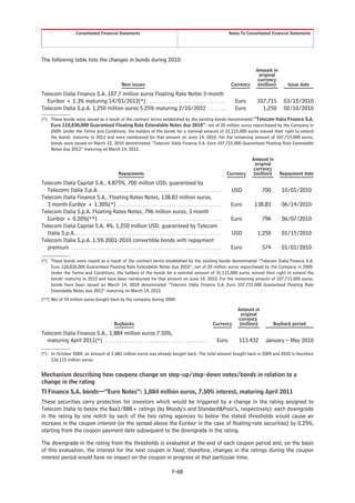 Consolidated Financial Statements                                                                                 Notes To Consolidated Financial Statements




The following table lists the changes in bonds during 2010:
                                                                                                                                                         Amount in
                                                                                                                                                           original
                                                                                                                                                          currency
                                                             New issues                                                                      Currency     (million)       Issue date

Telecom Italia Finance S.A. 107.7 million euros Floating Rate Notes 3-month
  Euribor + 1.3% maturing 14/03/2012(*) . . . . . . . . . . . . . . . . . . . . . . . . . . . . . . . . .                                      Euro       107.715       03/12/2010
Telecom Italia S.p.A. 1,250 million euros 5.25% maturing 2/10/2022 . . . . . . . .                                                             Euro         1,250       02/10/2010
(*) These bonds were issued as a result of the contract terms established by the existing bonds denominated “Telecom Italia Finance S.A.
    Euro 118,830,000 Guaranteed Floating Rate Extendable Notes due 2010”, net of 20 million euros repurchased by the Company in
    2009. Under the Terms and Conditions, the holders of the bonds for a nominal amount of 31,115,000 euros waived their right to extend
    the bonds’ maturity to 2012 and were reimbursed for that amount on June 14, 2010. For the remaining amount of 107,715,000 euros,
    bonds were issued on March 12, 2010 denominated “Telecom Italia Finance S.A. Euro 107,715,000 Guaranteed Floating Rate Extendable
    Notes due 2012” maturing on March 14, 2012.

                                                                                                                                                        Amount in
                                                                                                                                                          original
                                                                                                                                                         currency
                                                          Repayments                                                                        Currency     (million)    Repayment date

Telecom Italia Capital S.A., 4.875%, 700 million USD, guaranteed by
  Telecomi Italia S.p.A. . . . . . . . . . . . . . . . . . . . . . . . . . . . . . . . . . . . . . . . . . . . . . . . . . . .                USD            700       10/01/2010
Telecom Italia Finance S.A., Floating Rates Notes, 138.83 million euros,
  3 month Euribor + 1.30%(*) . . . . . . . . . . . . . . . . . . . . . . . . . . . . . . . . . . . . . . . . . . . .                         Euro        138.83        06/14/2010
Telecom Italia S.p.A. Floating Rates Notes, 796 million euros, 3 month
  Euribor + 0.20%(**) . . . . . . . . . . . . . . . . . . . . . . . . . . . . . . . . . . . . . . . . . . . . . . . . . . .                  Euro            796       06/07/2010
Telecom Italia Capital S.A. 4%, 1,250 million USD, guaranteed by Telecom
  Italia S.p.A. . . . . . . . . . . . . . . . . . . . . . . . . . . . . . . . . . . . . . . . . . . . . . . . . . . . . . . . . . . . . .     USD         1,250        01/15/2010
Telecom Italia S.p.A. 1.5% 2001-2010 convertible bonds with repayment
  premium . . . . . . . . . . . . . . . . . . . . . . . . . . . . . . . . . . . . . . . . . . . . . . . . . . . . . . . . . . . . . . .      Euro            574       01/01/2010

(*) These bonds were repaid as a result of the contract terms established by the existing bonds denominated “Telecom Italia Finance S.A.
    Euro 118,830,000 Guaranteed Floating Rate Extendable Notes due 2010”, net of 20 million euros repurchased by the Company in 2009.
    Under the Terms and Conditions, the holders of the bonds for a nominal amount of 31,115,000 euros waived their right to extend the
    bonds’ maturity to 2012 and have been reimbursed for that amount on June 14, 2010. For the remaining amount of 107,715,000 euros,
    bonds have been issued on March 14, 2010 denominated “Telecom Italia Finance S.A. Euro 107,715,000 Guaranteed Floating Rate
    Extendable Notes due 2012” maturing on March 14, 2012.
(**) Net of 54 million euros bought back by the company during 2009.

                                                                                                                                                Amount in
                                                                                                                                                  original
                                                                                                                                                currency
                                                       Buybacks                                                                   Currency       (million)         Buyback period

Telecom Italia Finance S.A., 1,884 million euros 7.50%,
  maturing April 2011(*) . . . . . . . . . . . . . . . . . . . . . . . . . . . . . . . . . . . . . . . . . . .                       Euro        113.432      January – May 2010

(*) In October 2009, an amount of 2.683 million euros was already bought back. The total amount bought back in 2009 and 2010 is therefore
    116.115 million euros.


Mechanism describing how coupons change on step-up/step-down notes/bonds in relation to a
change in the rating
TI Finance S.A. bonds—“Euro Notes”: 1,884 million euros, 7.50% interest, maturing April 2011
These securities carry protection for investors which would be triggered by a change in the rating assigned to
Telecom Italia to below the Baa1/BBB+ ratings (by Moody’s and Standard&Poor’s, respectively): each downgrade
in the rating by one notch by each of the two rating agencies to below the stated thresholds would cause an
increase in the coupon interest (or the spread above the Euribor in the case of floating-rate securities) by 0.25%,
starting from the coupon payment date subsequent to the downgrade in the rating.

The downgrade in the rating from the thresholds is evaluated at the end of each coupon period and, on the basis
of this evaluation, the interest for the next coupon is fixed; therefore, changes in the ratings during the coupon
interest period would have no impact on the coupon in progress at that particular time.

                                                                                                   F-68
 