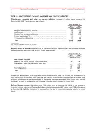 Consolidated Financial Statements                                                                                          Notes To Consolidated Financial Statements




NOTE 24—MISCELLANEOUS PAYABLES AND OTHER NON-CURRENT LIABILITIES
Miscellaneous payables and other non-current liabilities increased 2 million euros compared to
December 31, 2009. The composition is as follows:

                                                                                                                                                                 As of December 31,
                                                                                                                                                                 2010        2009
                                                                                                                                                                 (millions of euros)
     Payables to social security agencies . . . . . . . . . . . . . . . . . . . . . . . . . . . . . . . . . . . . . . . . . . . .                                   67           137
     Capital grants . . . . . . . . . . . . . . . . . . . . . . . . . . . . . . . . . . . . . . . . . . . . . . . . . . . . . . . . . . . . . . . . .               55            84
     Medium/long-term deferred income . . . . . . . . . . . . . . . . . . . . . . . . . . . . . . . . . . . . . . . . . . .                                        863           850
     Income tax payables(*) . . . . . . . . . . . . . . . . . . . . . . . . . . . . . . . . . . . . . . . . . . . . . . . . . . . . . . . .                         44           —
     Other payables and liabilities . . . . . . . . . . . . . . . . . . . . . . . . . . . . . . . . . . . . . . . . . . . . . . . . . .                             57            13
     Total . . . . . . . . . . . . . . . . . . . . . . . . . . . . . . . . . . . . . . . . . . . . . . . . . . . . . . . . . . . . . . . . . . . . . . . . . .   1,086        1,084

(*) Analyzed in the Note “Income tax payables”.


Payables to social security agencies refer to the residual amount payable to INPS for estimated employee
benefit obligations owed under Law 58/1992. Details are as follows:

                                                                                                                                                                 As of December 31,
                                                                                                                                                                 2010          2009
                                                                                                                                                                 (millions of euros)
     Non-current payables
     Due from 2 to 5 years after the balance sheet date . . . . . . . . . . . . . . . . . . . . . . . . . . . . .                                                  46           108
     Due beyond 5 years after the balance sheet date . . . . . . . . . . . . . . . . . . . . . . . . . . . . . . .                                                 21            29
                                                                                                                                                                   67          137
     Current payables . . . . . . . . . . . . . . . . . . . . . . . . . . . . . . . . . . . . . . . . . . . . . . . . . . . . . . . . . . . .                      76          228
     Total . . . . . . . . . . . . . . . . . . . . . . . . . . . . . . . . . . . . . . . . . . . . . . . . . . . . . . . . . . . . . . . . . . . . . . . . . .   143           365


In particular, with reference to the payable for pension fund integration under Law 58/1992, the higher amount in
2010 (as in 2009) of short-term items (principal and interest) in comparison to medium/long-term items (only
principal) is largely due to the extinguishment of the payable relating to employees of the former Iritel, the last
installment of which (in total equal to approximately 100 million euros) was paid in October 2010.

Deferred income includes 513 million euros (558 million euros at December 31, 2009) for the deferral of
revenues from the activation of Telecom Italia S.p.A. telephone service and 257 million euros (283 million euros
at December 31, 2009) for the deferral of revenues from the sale of transmission capacity, referring to future
years.




                                                                                                    F-96
 