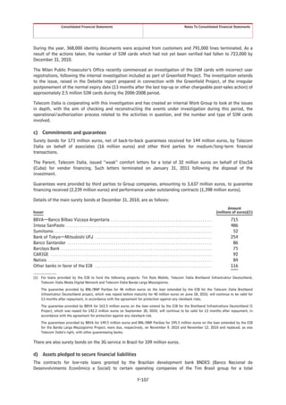 Consolidated Financial Statements                                                                                          Notes To Consolidated Financial Statements




During the year, 368,000 identity documents were acquired from customers and 791,000 lines terminated. As a
result of the actions taken, the number of SIM cards which had not yet been verified had fallen to 723,000 by
December 31, 2010.

The Milan Public Prosecutor’s Office recently commenced an investigation of the SIM cards with incorrect user
registrations, following the internal investigation included as part of Greenfield Project. The investigation extends
to the issue, raised in the Deloitte report prepared in connection with the Greenfield Project, of the irregular
postponement of the normal expiry date (13 months after the last top-up or other chargeable post-sales action) of
approximately 2.5 million SIM cards during the 2006-2008 period.

Telecom Italia is cooperating with this investigation and has created an internal Work Group to look at the issues
in depth, with the aim of checking and reconstructing the events under investigation during this period, the
operational/authorization process related to the activities in question, and the number and type of SIM cards
involved.

c)      Commitments and guarantees
Surety bonds for 173 million euros, net of back-to-back guarantees received for 144 million euros, by Telecom
Italia on behalf of associates (16 million euros) and other third parties for medium/long-term financial
transactions.

The Parent, Telecom Italia, issued “weak” comfort letters for a total of 32 million euros on behalf of EtecSA
(Cuba) for vendor financing. Such letters terminated on January 31, 2011 following the disposal of the
investment.

Guarantees were provided by third parties to Group companies, amounting to 3,637 million euros, to guarantee
financing received (2,239 million euros) and performance under outstanding contracts (1,398 million euros).

Details of the main surety bonds at December 31, 2010, are as follows:
                                                                                                                                                                                           Amount
Issuer                                                                                                                                                                              (millions of euros)(1)

BBVA—Banco Bilbao Vizcaya Argentaria . . . . . . . . . . . . . . . . . . . . . . . . . . . . . . . . . . . . . . . . . . . . . . . . . . . . .                                              715
Intesa SanPaolo . . . . . . . . . . . . . . . . . . . . . . . . . . . . . . . . . . . . . . . . . . . . . . . . . . . . . . . . . . . . . . . . . . . . . . . . . . . .                     486
Sumitomo . . . . . . . . . . . . . . . . . . . . . . . . . . . . . . . . . . . . . . . . . . . . . . . . . . . . . . . . . . . . . . . . . . . . . . . . . . . . . . . . . .                 52
Bank of Tokyo—Mitsubishi UFJ . . . . . . . . . . . . . . . . . . . . . . . . . . . . . . . . . . . . . . . . . . . . . . . . . . . . . . . . . . . . .                                      254
Banco Santander . . . . . . . . . . . . . . . . . . . . . . . . . . . . . . . . . . . . . . . . . . . . . . . . . . . . . . . . . . . . . . . . . . . . . . . . . . .                        86
Barclays Bank . . . . . . . . . . . . . . . . . . . . . . . . . . . . . . . . . . . . . . . . . . . . . . . . . . . . . . . . . . . . . . . . . . . . . . . . . . . . . . .                  75
CARIGE . . . . . . . . . . . . . . . . . . . . . . . . . . . . . . . . . . . . . . . . . . . . . . . . . . . . . . . . . . . . . . . . . . . . . . . . . . . . . . . . . . . .               92
Natixis . . . . . . . . . . . . . . . . . . . . . . . . . . . . . . . . . . . . . . . . . . . . . . . . . . . . . . . . . . . . . . . . . . . . . . . . . . . . . . . . . . . . .            84
Other banks in favor of the EIB . . . . . . . . . . . . . . . . . . . . . . . . . . . . . . . . . . . . . . . . . . . . . . . . . . . . . . . . . . . . .                                   116

(1) For loans provided by the EIB to fund the following projects: Tim Rete Mobile, Telecom Italia Breitband Infrastruktur Deutschland,
    Telecom Italia Media Digital Network and Telecom Italia Banda Larga Mezzogiorno.
       The guarantee provided by BNL/BNP Paribas for 46 million euros on the loan extended by the EIB for the Telecom Italia Breitband
       Infrastruktur Deutschland project, which was repaid before maturity for 40 million euros on June 18, 2010, will continue to be valid for
       13 months after repayment, in accordance with the agreement for protection against any clawback risks.
       The guarantee provided by BBVA for 163.5 million euros on the loan extend by the EIB for the Breitband Infrastrukture Deutschland II
       Project, which was repaid for 142.2 million euros on September 30, 2010, will continue to be valid for 13 months after repayment, in
       accordance with the agreement for protection against any clawback risk.
       The guarantees provided by BBVA for 149.5 million euros and BNL/BNP Paribas for 195.5 million euros on the loan extended by the EIB
       for the Banda Larga Mezzogiorno Project, were due, respectively, on November 9, 2010 and November 12, 2010 and replaced, as was
       Telecom Italia’s right, with other guaranteeing banks.

There are also surety bonds on the 3G service in Brazil for 109 million euros.

d) Assets pledged to secure financial liabilities
The contracts for low-rate loans granted by the Brazilian development bank BNDES (Banco Nacional de
Desenvolvimento Econômico e Social) to certain operating companies of the Tim Brasil group for a total

                                                                                                       F-107
 