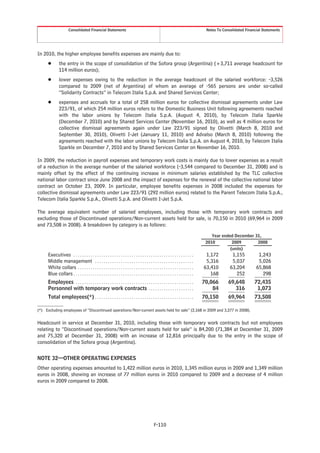 Consolidated Financial Statements                                                                              Notes To Consolidated Financial Statements




In 2010, the higher employee benefits expenses are mainly due to:
      Š        the entry in the scope of consolidation of the Sofora group (Argentina) (+3,711 average headcount for
               114 million euros);
      Š        lower expenses owing to the reduction in the average headcount of the salaried workforce: -3,526
               compared to 2009 (net of Argentina) of whom an average of -565 persons are under so-called
               “Solidarity Contracts” in Telecom Italia S.p.A. and Shared Services Center;
      Š        expenses and accruals for a total of 258 million euros for collective dismissal agreements under Law
               223/91, of which 254 million euros refers to the Domestic Business Unit following agreements reached
               with the labor unions by Telecom Italia S.p.A. (August 4, 2010), by Telecom Italia Sparkle
               (December 7, 2010) and by Shared Services Center (November 16, 2010), as well as 4 million euros for
               collective dismissal agreements again under Law 223/91 signed by Olivetti (March 8, 2010 and
               September 30, 2010), Olivetti I-Jet (January 11, 2010) and Advalso (March 8, 2010) following the
               agreements reached with the labor unions by Telecom Italia S.p.A. on August 4, 2010, by Telecom Italia
               Sparkle on December 7, 2010 and by Shared Services Center on November 16, 2010.

In 2009, the reduction in payroll expenses and temporary work costs is mainly due to lower expenses as a result
of a reduction in the average number of the salaried workforce (-3,544 compared to December 31, 2008) and is
mainly offset by the effect of the continuing increase in minimum salaries established by the TLC collective
national labor contract since June 2008 and the impact of expenses for the renewal of the collective national labor
contract on October 23, 2009. In particular, employee benefits expenses in 2008 included the expenses for
collective dismissal agreements under Law 223/91 (292 million euros) related to the Parent Telecom Italia S.p.A.,
Telecom Italia Sparkle S.p.A., Olivetti S.p.A. and Olivetti I-Jet S.p.A.

The average equivalent number of salaried employees, including those with temporary work contracts and
excluding those of Discontinued operations/Non-current assets held for sale, is 70,150 in 2010 (69,964 in 2009
and 73,508 in 2008). A breakdown by category is as follows:

                                                                                                                                         Year ended December 31,
                                                                                                                                      2010         2009       2008
                                                                                                                                                  (units)
      Executives . . . . . . . . . . . . . . . . . . . . . . . . . . . . . . . . . . . . . . . . . . . . . . . . . . . . . . . .      1,172         1,155          1,243
      Middle management . . . . . . . . . . . . . . . . . . . . . . . . . . . . . . . . . . . . . . . . . . . . . .                   5,316         5,037          5,026
      White collars . . . . . . . . . . . . . . . . . . . . . . . . . . . . . . . . . . . . . . . . . . . . . . . . . . . . . .      63,410        63,204         65,868
      Blue collars . . . . . . . . . . . . . . . . . . . . . . . . . . . . . . . . . . . . . . . . . . . . . . . . . . . . . . . .      168           252            298
      Employees . . . . . . . . . . . . . . . . . . . . . . . . . . . . . . . . . . . . . . . . . . . . . . . . . . . . . . .        70,066       69,648         72,435
      Personnel with temporary work contracts . . . . . . . . . . . . . . . . . . . . .                                                  84          316          1,073
      Total employees(*) . . . . . . . . . . . . . . . . . . . . . . . . . . . . . . . . . . . . . . . . . . . . . .                 70,150       69,964         73,508

(*) Excluding employees of “Discontinued operations/Non-current assets held for sale” (2,168 in 2009 and 3,277 in 2008).


Headcount in service at December 31, 2010, including those with temporary work contracts but not employees
relating to “Discontinued operations/Non-current assets held for sale” is 84,200 (71,384 at December 31, 2009
and 75,320 at December 31, 2008) with an increase of 12,816 principally due to the entry in the scope of
consolidation of the Sofora group (Argentina).


NOTE 32—OTHER OPERATING EXPENSES
Other operating expenses amounted to 1,422 million euros in 2010, 1,345 million euros in 2009 and 1,349 million
euros in 2008, showing an increase of 77 million euros in 2010 compared to 2009 and a decrease of 4 million
euros in 2009 compared to 2008.




                                                                                                F-110
 