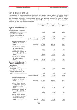 Consolidated Financial Statements                                           Notes To Consolidated Financial Statements




NOTE 42—EARNINGS PER SHARE
For purposes of the calculation of diluted earnings per share, account was only taken of the potential ordinary
shares relating to the equity compensation plans of the employees for which, at December 31, 2010, the market
and non-market performance conditions were satisfied. The additional dividends to which the savings
shareholders are entitled (at an unvarying amount of 0.011 euros per share) conventionally were allocated
entirely to the profit from continuing operations.
                                                                                                Year ended December 31,
                                                                                       2010              2009                    2008

Basic and Diluted Earnings Per
  Share
Profit attributable to owners of
  the Parent . . . . . . . . . . . . . . . . . . . . .                                 3,121             1,581                   2,177
Less: additional dividend to
  Savings Shares (€0.011 per
  share) . . . . . . . . . . . . . . . . . . . . . . . . .                               (66)               (66)                    (66)
                                                             (millions of euros)       3,055             1,515                   2,111
        Weighted average number of
         Ordinary and Savings
         Shares . . . . . . . . . . . . . . . . . . . .               (millions)      19,266            19,247                  19,273
        Basic and diluted earnings
          per share—Ordinary
          Shares . . . . . . . . . . . . . . . . . . . .                                0.16               0.08                    0.11
        Plus: additional dividend per
           Savings Share (€0.011 per
           share) . . . . . . . . . . . . . . . . . . . .                               0.01               0.01                    0.01
        Basic and diluted earnings
          per share—Savings
          Shares . . . . . . . . . . . . . . . . . . . .                 (Euro)         0.17               0.09                    0.12
Basic and Diluted Earnings Per
  Share From Continuing
  Operations
Profit from continuing
  operations . . . . . . . . . . . . . . . . . . . . .                                 3,128             2,203                   2,216
Less: additional dividend to
  Savings Shares (€0.011 per
  share) . . . . . . . . . . . . . . . . . . . . . . . . .                               (66)               (66)                    (66)
                                                             (millions of euros)       3,062             2,137                   2,150
        Weighted average number of
         Ordinary and Savings
         Shares . . . . . . . . . . . . . . . . . . . .               (millions)      19,266            19,247                  19,273
        Basic and diluted earnings
          per share from continuing
          operations—Ordinary
          Shares . . . . . . . . . . . . . . . . . . . .                                0.16               0.11                    0.11
        Plus: additional dividend per
           Savings Share (€0.011 per
           share) . . . . . . . . . . . . . . . . . . . .                               0.01               0.01                    0.01
        Basic and diluted earnings
          per share from continuing
          operations—Savings
          Shares . . . . . . . . . . . . . . . . . . . .                 (Euro)         0.17               0.12                    0.12


                                                                              F-122
 
