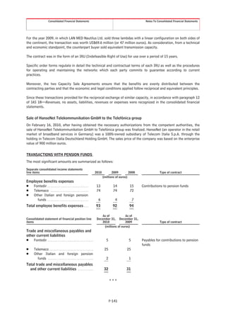 Consolidated Financial Statements                                                           Notes To Consolidated Financial Statements




For the year 2009, in which LAN MED Nautilus Ltd. sold three lambdas with a linear configuration on both sides of
the continent, the transaction was worth US$69.6 million (or 47 million euros). As consideration, from a technical
and economic standpoint, the counterpart buyer sold equivalent transmission capacity.

The contract was in the form of an IRU (Indefeasible Right of Use) for use over a period of 15 years.

Specific order forms regulate in detail the technical and contractual terms of each IRU as well as the procedures
for operating and maintaining the networks which each party commits to guarantee according to current
practices.

Moreover, the two Capacity Sale Agreements ensure that the benefits are evenly distributed between the
contracting parties and that the economic and legal conditions applied follow reciprocal and equivalent principles.

Since these transactions provided for the reciprocal exchange of similar capacity, in accordance with paragraph 12
of IAS 18—Revenues, no assets, liabilities, revenues or expenses were recognized in the consolidated financial
statements.


Sale of HanseNet Telekommunikation GmbH to the Telefónica group
On February 16, 2010, after having obtained the necessary authorizations from the competent authorities, the
sale of HanseNet Telekommunikation GmbH to Telefónica group was finalized. HanseNet (an operator in the retail
market of broadband services in Germany) was a 100%-owned subsidiary of Telecom Italia S.p.A. through the
holding in Telecom Italia Deutschland Holding GmbH. The sales price of the company was based on the enterprise
value of 900 million euros.


TRANSACTIONS WITH PENSION FUNDS
The most significant amounts are summarized as follows:

Separate consolidated income statements
line items                                                                   2010          2009         2008                  Type of contract
                                                                                    (millions of euros)
Employee benefits expenses
Š Fontedir . . . . . . . . . . . . . . . . . . . . . . . . . . .              13            14             15    Contributions to pension funds
Š Telemaco . . . . . . . . . . . . . . . . . . . . . . . . .                  74            74             72
Š Other Italian and foreign pension
     funds . . . . . . . . . . . . . . . . . . . . . . . . . . .               6             4              7
Total employee benefits expenses . . .                                       93             92          94

                                                                                  As of               As of
Consolidated statement of financial position line                             December 31,        December 31,
items                                                                             2010                2009                    Type of contract
                                                                                     (millions of euros)
Trade and miscellaneous payables and
other current liabilities
Š Fontedir . . . . . . . . . . . . . . . . . . . . . . . . . . . . . .                5                 5        Payables for contributions to pension
                                                                                                                 funds
Š      Telemaco . . . . . . . . . . . . . . . . . . . . . . . . . . . . .            25               25
Š      Other Italian and foreign pension
         funds . . . . . . . . . . . . . . . . . . . . . . . . . . . . . .            2                 1
Total trade and miscellaneous payables
  and other current liabilities . . . . . . . . . .                                  32               31


                                                                                          ***




                                                                                          F-141
 