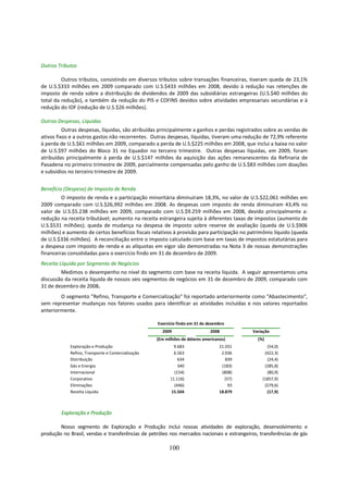 Outros Tributos

         Outros tributos, consistindo em diversos tributos sobre transações financeiras, tiveram queda de 23,1%
de U.S.$333 milhões em 2009 comparado com U.S.$433 milhões em 2008, devido à redução nas retenções de
imposto de renda sobre a distribuição de dividendos de 2009 das subsidiárias estrangeiras (U.S.$40 milhões do
total da redução), e também da redução do PIS e COFINS devidos sobre atividades empresariais secundárias e à
redução do IOF (redução de U.S.$26 milhões).

Outras Despesas, Líquidas
          Outras despesas, líquidas, são atribuídas principalmente a ganhos e perdas registrados sobre as vendas de
ativos fixos e a outros gastos não recorrentes. Outras despesas, líquidas, tiveram uma redução de 72,9% referente
à perda de U.S.$61 milhões em 2009, comparado a perda de U.S.$225 milhões em 2008, que inclui a baixa no valor
de U.S.$97 milhões do Bloco 31 no Equador no terceiro trimestre. Outras despesas líquidas, em 2009, foram
atribuídas principalmente à perda de U.S.$147 milhões da aquisição das ações remanescentes da Refinaria de
Pasadena no primeiro trimestre de 2009, parcialmente compensadas pelo ganho de U.S.$83 milhões com doações
e subsídios no terceiro trimestre de 2009.


Benefício (Despesa) de Imposto de Renda
         O imposto de renda e a participação minoritária diminuíram 18,3%, no valor de U.S.$22,061 milhões em
2009 comparado com U.S.$26,992 milhões em 2008. As despesas com imposto de renda diminuíram 43,4% no
valor de U.S.$5.238 milhões em 2009, comparado com U.S.$9.259 milhões em 2008, devido principalmente a:
redução na receita tributável; aumento na receita estrangeira sujeita à diferentes taxas de impostos (aumento de
U.S.$531 milhões); queda de mudança na despesa de imposto sobre reserve de avaliação (queda de U.S.$906
milhões) e aumento de certos benefícios fiscais relativos à provisão para participação no patrimônio líquido (queda
de U.S.$336 milhões). A reconciliação entre o imposto calculado com base em taxas de impostos estatutárias para
a despesa com imposto de renda e as alíquotas em vigor são demonstradas na Nota 3 de nossas demonstrações
financeiras consolidadas para o exercício findo em 31 de dezembro de 2009.
Receita Líquida por Segmento de Negócios
        Medimos o desempenho no nível do segmento com base na receita líquida. A seguir apresentamos uma
discussão da receita líquida de nossos seis segmentos de negócios em 31 de dezembro de 2009, comparado com
31 de dezembro de 2008.
        O segmento "Refino, Transporte e Comercialização" foi reportado anteriormente como "Abastecimento",
sem representar mudanças nos fatores usados para identificar as atividades incluídas e nos valores reportados
anteriormente.

                                                   Exercício findo em 31 de dezembro
                                                     2009                    2008           Variação
                                                   (Em milhões de dólares americanos)         (%)
            Exploração e Produção                           9.683                21.031           (54,0)
            Refino, Transporte e Comercialização            6.563                 2.036          (422,3)
            Distribuição                                      634                   839           (24,4)
            Gás e Energia                                     340                 (183)          (285,8)
            Internacional                                   (154)                 (808)           (80,9)
            Corporativo                                   (1.116)                   (57)        (1857,9)
            Eliminações                                     (446)                     93         (579,6)
            Receita Líquida                               15.504                 18.879           (17,9)



        Exploração e Produção

        Nosso segmento de Exploração e Produção inclui nossas atividades de exploração, desenvolvimento e
produção no Brasil, vendas e transferências de petróleo nos mercados nacionais e estrangeiros, transferências de gás

                                                         100
 