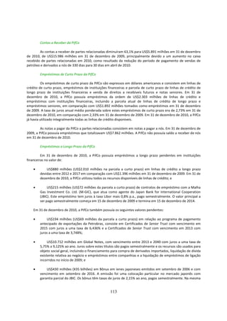 Contas a Receber da PifCo

         As contas a receber de partes relacionadas diminuíram 63,1% para US$5.891 milhões em 31 de dezembro
de 2010, de US$15.986 milhões em 31 de dezembro de 2009, principalmente devido a um aumento no caixa
recebido de partes relacionadas em 2010, como resultado da redução do período de pagamento de vendas de
petróleo e derivados a nós de 330 dias para 30 dias em abril de 2010.

        Empréstimos de Curto Prazo da PifCo

          Os empréstimos de curto prazo da PifCo são expressos em dólares americanos e consistem em linhas de
crédito de curto prazo, empréstimos de instituições financeiras e parcela de curto prazo de linhas de crédito de
longo prazo de instituições financeiras e venda de direitos a recebíveis futuros e notas seniores. Em 31 de
dezembro de 2010, a PifCo possuía empréstimos da ordem de US$2.303 milhões de linhas de crédito e
empréstimos com instituições financeiras, incluindo a parcela atual de linhas de crédito de longo prazo e
empréstimos seniores, em comparação com US$1.892 milhões tomados como empréstimos em 31 de dezembro
de 2009. A taxa de juros anual média ponderada sobre estes empréstimos de curto prazo era de 2,73% em 31 de
dezembro de 2010, em comparação com 2,33% em 31 de dezembro de 2009. Em 31 de dezembro de 2010, a PifCo
já havia utilizado integralmente todas as linhas de crédito disponíveis.

         As notas a pagar da PifCo a partes relacionadas consistem em notas a pagar a nós. Em 31 de dezembro de
2009, a PifCo possuía empréstimos que totalizavam US$7.862 milhões. A PifCo não possuía saldo a receber de nós
em 31 de dezembro de 2010.

        Empréstimos a Longo Prazo da PifCo

         Em 31 de dezembro de 2010, a PifCo possuía empréstimos a longo prazo pendentes em instituições
financeiras no valor de:

    •       US$880 milhões (US$2.010 milhões na parcela a curto prazo) em linhas de crédito a longo prazo
        devidas entre 2012 e 2017 em comparação com US$1.396 milhões em 31 de dezembro de 2009. Em 31 de
        dezembro de 2010, a PifCo utilizou todos os recursos disponíveis de linhas de crédito; e

    •        US$215 milhões (US$72 milhões da parcela a curto prazo) de contratos de empréstimo com a Malha
        Gas Investment Co. Ltd. (M-GIC), que atua como agente do Japan Bank for International Cooperation
        (JBIC). Este empréstimo tem juros à taxa Libor mais 0,8% p.a., pago semestralmente. O valor principal a
        ser pago semestralmente começa em 15 de dezembro de 2009 e termina em 15 de dezembro de 2014.

    Em 31 de dezembro de 2010, a PifCo também possuía os seguintes valores pendentes:

    •       US$194 milhões (US$69 milhões da parcela a curto prazo) em relação ao programa de pagamento
        antecipado de exportações da Petrobras, consiste em Certificados de Senior Trust com vencimento em
        2015 com juros a uma taxa de 6,436% e a Certificados de Senior Trust com vencimento em 2013 com
        juros a uma taxa de 3,748%;

    •        US$10.712 milhões em Global Notes, com vencimento entre 2013 e 2040 com juros a uma taxa de
        5,75% a 9,125% ao ano. Juros sobre estes títulos são pagos semestralmente e os recursos são usados para
        objeto social geral, incluindo o financiamento para compra de derivados importados, liquidação de dívida
        existente relativa ao negócio e empréstimos entre companhias e a liquidação de empréstimos de ligação
        incorridos no início de 2009; e

    •       US$430 milhões (¥35 bilhões) em Bônus em ienes japoneses emitidos em setembro de 2006 e com
        vencimento em setembro de 2016. A emissão foi uma colocação particular no mercado japonês com
        garantia parcial do JBIC. Os bônus têm taxas de juros de 2,15% ao ano, pagos semestralmente. Na mesma


                                                     113
 