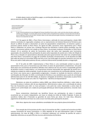 A tabela abaixo mostra os benefícios pagos, as contribuições efetuadas e os passivos em aberto da Petros
para os exercícios de 2010, 2009 e 2008:

                                                                                                                               2010               2009               2008
                                                                                                                                  (Em milhões de dólares americanos)
 Total de benefícios pagos ...........................................................................................               1.054                 911              932
 Total de contribuições ................................................................................................               460                 350              286
 Passivo Petros (1) ........................................................................................................         6.259               4.788            2.054


(1)            O valor atuarial excedente de nossa obrigação de fornecer benefícios futuros sobre o valor justo dos ativos do plano usados para
               satisfazer essa obrigação. O aumento deste passivo em 2010 resultou principalmente da mudança na taxa de desconta de 6,6% ao
               ano em 2009 para 5,9% ao ano em 2010. Consulte a Nota 15.6 de nossas demonstrações financeiras consolidadas para o exercício
               findo em 31 de dezembro de 2010.

         Em 9 de agosto de 2002, o Plano Petros interrompeu a admissão de novos participantes e desde 2003
estamos envolvidos em negociações complexas com os representantes do Sindicato Nacional de Petroleiros para
discutir os déficits do plano e desenvolver um plano de aposentadoria complementar. Já estivemos sujeitos a
processos judiciais devido ao Plano Petros. Em agosto de 2007, aprovamos novos regulamentos para o Plano
Petros e celebramos um acordo com o Sindicato Nacional dos Petroleiros e demais partes envolvidas, que irão
cancelar os processos judiciais com relação ao Plano Petros. As principais mudanças introduzidas no Plano Petros
incluem: (1) os aumentos de salário de funcionários ativos não serão mais repassados para funcionários
aposentados, (2) os benefícios dos participantes do plano serão reajustados de acordo com o índice de inflação do
IPCA e (3) as reduções em aposentadorias oferecidas pelo plano governamental não serão mais complementadas
pelo Plano Petros. Concordamos em pagar R$ 5,8 bilhões atualizados retroativamente a 31 de dezembro de 2006
pelo índice de preços ao consumidor (IPCA) mais 6% ao ano, que serão pagos em parcelas semestrais com juros de
6% ao ano sobre o saldo pelos próximos 20 anos, conforme anteriormente acordado durante a renegociação.

         Em 1º de julho de 2007, implementamos o Plano Petros 2, uma contribuição variável ou plano de
aposentadoria misto, para os funcionários que não tinham um plano de aposentadoria complementar. Uma parte
deste plano com característica de benefícios definidos inclui cobertura de risco por morte e incapacidade, garantia
de benefício mínimo e renda vitalícia, e os compromissos atuariais relacionados são registrados de acordo com o
método da unidade de crédito projetada. A parte do plano com características de contribuição definida, marcada
por formar uma reserva para a aposentadoria programada, é lançada no resultado do exercício conforme as
contribuições são efetuadas. Em 2010, a contribuição da Petrobras e suas subsidiárias para a parte de contribuição
definida deste plano foi de US$ 460 milhões. As despesas e obrigações de benefícios relacionadas ao plano Petros
2 foram registradas de acordo com a ASC 715 “Pagamentos – Benefícios de Aposentadoria”.

           Mantemos um plano de assistência médica (AMS), que oferece benefícios definidos e cobre todos os
funcionários (ativos e inativos), além de seus dependentes. Administramos o plano, com a contribuição de valores
fixos dos funcionários para cobrir os riscos principais e uma parte dos custos relacionados a outros tipos de
cobertura em conformidade com a tabela de participação definida por determinados parâmetros, incluindo níveis
salariais.

         Nosso compromisso relacionado aos benefícios futuros aos participantes do plano é calculado
anualmente por um atuário independente, com base no método da União de Crédito Projetado. O plano de
assistência médica não é financiado ou garantido de outra forma por ativos. Em invés disso, efetuamos
pagamentos de benefícios com base nos custos anuais incorridos pelos participantes do plano.

               Além disso, algumas das nossas subsidiárias consolidadas têm seus próprios planos de benefícios

PifCo

         Com exceção dos 55 funcionários da PEL e dos 51 funcionários da PSPL, o quadro de funcionários da PifCo
consiste unicamente de nossos funcionários e a PifCo depende de nós para desempenhar todas as funções
administrativas. Em maio de 2008, a PifCo e a Petrobras celebraram um contrato de partilha de custos e
dispêndios referentes ao uso pela PifCo dos recursos administrativos da Petrobras.

                                                                                                         133
 