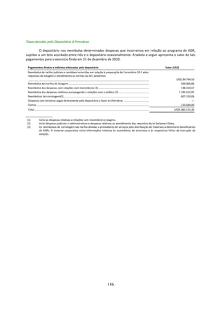 Taxas devidas pelo Depositário à Petrobras

         O depositário nos reembolsa determinadas despesas que incorremos em relação ao programa de ADR,
sujeitas a um teto acordado entre nós e o depositário ocasionalmente. A tabela a seguir apresenta o valor de tais
pagamentos para o exercício findo em 31 de dezembro de 2010.

 Pagamentos diretos e indiretos efetuados pelo depositário                                                                                                                        Valor (US$)
 Reembolso de tarifas judiciais e contábeis incorridas em relação à preparação do Formulário 20-F edos
 requisitos de listagem e atendimento às normas da SEC existentes
 ..............................................................................................................................................................................           US$134.764,10
 Reembolso das tarifas de listagem ....................................................................................................................                                      500.000,00
 Reembolso das despesas com relações com investidores (1)..........................................................................                                                          138.324,17
 Reembolso das despesas relativas a propaganda e relações com o público (2) ............................................                                                                   7.292.652,97
 Reembolsos de corretagem(3) ...........................................................................................................................                                     807.330,06
 Despesas com terceiros pagas diretamente pelo depositário a favor da Petrobras .....................................                                                                                —
 Outros ..................................................................................................................................................................                   210.484,00
 Total......................................................................................................................................................................             US$9.083.555,30


(1)             Inclui as despesas relativas a relações com investidores e viagens.
(2)             Inclui despesas judiciais e administrativas e despesas relativas ao atendimento dos requisitos da lei Sarbanes-Oxley.
(3)             Os reembolsos de corretagem são tarifas devidas a prestadores de serviços pela distribuição de materiais a detentores beneficiários
                de ADRs. O material corporativo inclui informações relativas às assembleias de acionistas e às respectivas fichas de instrução de
                votação.




                                                                                                                  186
 