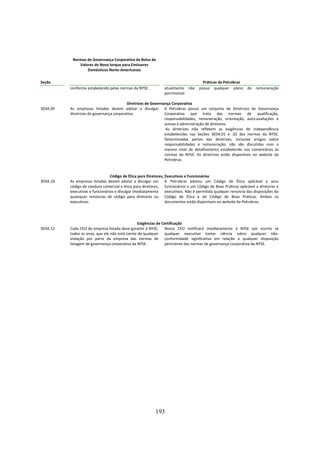 Normas de Governança Corporativa da Bolsa de
              Valores de Nova Iorque para Emissores
                  Domésticos Norte-Americanos

Seção                                                                               Práticas da Petrobras
          conforme estabelecido pelas normas da NYSE.         atualmente não      possui qualquer plano de remuneração
                                                              patrimonial.

                                          Diretrizes de Governança Corporativa
303A.09   As empresas listadas devem adotar e divulgar A Petrobras possui um conjunto de Diretrizes de Governança
          diretrizes de governança corporativa.                Corporativa que trata das normas de qualificação,
                                                               responsabilidades, remuneração, orientação, auto-avaliações e
                                                               acesso à administração de diretores.
                                                                As diretrizes não refletem as exigências de independência
                                                               estabelecidas nas Seções 303A.01 e .02 das normas da NYSE.
                                                               Determinadas partes das diretrizes, inclusive artigos sobre
                                                               responsabilidades e remuneração, não são discutidas com o
                                                               mesmo nível de detalhamento estabelecido nos comentários às
                                                               normas da NYSE. As diretrizes estão disponíveis no website da
                                                               Petrobras.


                                 Código de Ética para Diretores, Executivos e Funcionários
303A.10   As empresas listadas devem adotar e divulgar um A Petrobras adotou um Código de Ética aplicável a seus
          código de conduta comercial e ética para diretores, funcionários e um Código de Boas Práticas aplicável a diretores e
          executivos e funcionários e divulgar imediatamente executivos. Não é permitida qualquer renúncia das disposições do
          quaisquer renúncias de código para diretores ou Código de Ética e do Código de Boas Práticas. Ambos os
          executivos.                                            documentos estão disponíveis no website da Petrobras.




                                                Exigências de Certificação
303A.12   Cada CEO de empresa listada deve garantir à NYSE, Nosso CEO notificará imediatamente à NYSE por escrito se
          todos os anos, que ele não está ciente de qualquer qualquer executivo tomar ciência sobre qualquer não-
          violação por parte da empresa das normas de conformidade significativa em relação a qualquer disposição
          listagem de governança corporativa da NYSE.          pertinente das normas de governança corporativa da NYSE.




                                                         193
 