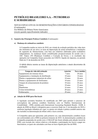 PETRÓLEO BRASILEIRO S.A. - PETROBRAS
   E SUBSIDIÁRIAS
   NOTAS EXPLICATIVAS ÀS DEMONSTRAÇÕES CONTÁBEIS CONSOLIDADAS
   (Continuação)
   Em Milhões de Dólares Norte-Americanos
   (exceto quando especificamente indicado)


2. Sumário das Principais Práticas Contábeis (Continuação)

   o) Mudança de estimativas contábeis

          A Companhia mudou no início de 2010, em virtude da avaliação periódica das vidas úteis
          dos elementos do seu ativo, as taxas de depreciação de usinas termelétricas e instalações
          do segmento de Abastecimento, com base nos relatórios elaborados pelos avaliadores
          independentes. As mudanças foram contabilizadas prospectivamente de acordo com o
          ASC Tópico 250 (Mudanças Contábeis e Correção de Erros), e os resultados das
          operações da Companhia foram acrescidos em US$352, líquido de impostos, no período
          findo em 31 de dezembro de 2010.

          A tabela abaixo mostra as taxas de depreciação anteriores e atuais decorrentes da
          avaliação:

                 Tempo de vida útil estimado                           Anterior       Novo (médio)
         Equipamentos de sistemas óticos                                7 anos          20 anos
         Equipamentos e instalações de distribuição                    10 anos          14 anos
         Plantas e equipamentos industriais de refino                  10 anos          20 anos
         Plantas e equipamentos de fertilizantes                       10 anos          22 anos
         Tanques de armazenamento de produtos                          10 anos          26 anos
         Dutos                                                         10 anos          31 anos
         Plataformas                                                   16 anos          27 anos
         Usinas termoelétricas                                         20 anos          23 anos
         Embarcações                                                   20 anos          25 anos

   p) Adoção do IFRS para fins locais

       A legislação societária brasileira foi modificada em 2007 para permitir o processo de
       convergência das práticas contábeis brasileiras com os Padrões Internacionais de
       Contabilidade – IFRS, emitidos pelo International Accounting Standards Boards - IASB. A
       adoção do IFRS no Brasil é obrigatória para o exercício findo em 31 de dezembro de 2010 e
       conforme legislação tributária em vigor, os ajustes em relação à prática contábil anterior não
       são incluídos na determinação do tributo sobre o lucro corrente.

       A Companhia optou por apresentar, pela primeira vez, suas demonstrações contábeis locais
       em conformidade com o IFRS no primeiro trimestre de 2010. As demonstrações contábeis da
       Companhia preparadas de acordo com o USGAAP não foram afetadas pela adoção inicial do
       IFRS, com exceção dos valores relativos a dividendos e participação nos lucros a pagar aos
       funcionários, os quais são calculados com base no lucro líquido para fins de IFRS.


                                                 F-28
 