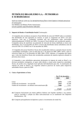 PETRÓLEO BRASILEIRO S.A. - PETROBRAS
   E SUBSIDIÁRIAS
   NOTAS EXPLICATIVAS ÀS DEMONSTRAÇÕES CONTÁBEIS CONSOLIDADAS
   (Continuação)
   Em Milhões de Dólares Norte-Americanos
   (exceto quando especificamente indicado)


3. Imposto de Renda e Contribuição Social (Continuação)

   A Companhia não reconheceu um passivo fiscal diferido de cerca de US$449 sobre os resultados
   não distribuídos de suas operações no exterior, os quais se originaram em 2010 e em anos
   anteriores, visto que a Companhia considera que tais rendimentos serão reinvestidos
   indeterminadamente (US$280 em 2009). Um passivo fiscal diferido será reconhecido quando a
   Companhia deixar de manifestar sua pretensão de reinvestir de forma indefinida os lucros não
   distribuídos. Em 31 de dezembro de 2010, os lucros não distribuídos destas subsidiárias eram de
   cerca de US$1.321 (US$823 em 31 de dezembro de 2009).

   A Companhia não possui benefícios fiscais não reconhecidos relativos a posições fiscais incertas
   e penalidades acumuladas e juros na data base de 1º de janeiro de 2008, 2009 e 2010, e para os
   exercícios findos em 31 de dezembro de 2008, 2009 e 2010. Ademais, a Companhia não espera
   que o valor dos benefícios fiscais não reconhecidos aumentem de maneira expressiva durante os
   próximos doze meses.

   A Companhia e suas subsidiárias apresentam declarações de imposto de renda no Brasil e em
   diversas jurisdições estrangeiras, as quais estão abertas a exame pelas respectivas autoridades
   fiscais, de acordo com a legislação local aplicada individualmente para elas. As declarações do
   imposto de renda no Brasil e na Argentina acham-se passíveis de exame pelas respectivas
   autoridades fiscais a partir de 2004.


4. Caixa e Equivalentes a Caixa

                                                                          Em 31 de dezembro
                                                                          2010         2009

   Caixa                                                                     1.974          1.478
   Fundos de investimento – em reais (1)                                     7.819         10.780
   Fundos de investimento - em dólares norte-americanos (2)                  7.840          3.911

                                                                            17.633         16.169

   (1) Composto basicamente por títulos públicos federais com liquidez imediata e sua carteira,
       acha-se vinculado à cotação do dólar norte-americano ou ao rendimento dos Depósitos
       Interbancários - DI.

   (2) Composto principalmente de depósitos a prazo e investimentos de renda fixa.




                                                F-33
 
