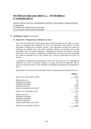 PETRÓLEO BRASILEIRO S.A. - PETROBRAS
   E SUBSIDIÁRIAS
   NOTAS EXPLICATIVAS ÀS DEMONSTRAÇÕES CONTÁBEIS CONSOLIDADAS
   (Continuação)
   Em Milhões de Dólares Norte-Americanos
   (exceto quando especificamente indicado)


9. Imobilizado, Líquido (Continuação)

   b) Tópico 410 – Obrigações por Abandono de Ativos

       Sob o Item de Codificação 410-20, adotado pela Petrobras desde janeiro de 2003, os valores
       justos das obrigações por abandono de ativos são registrados como passivo em base
       descontada à medida que as mesmas ocorrem, o que tipicamente acontece por ocasião da
       instalação dos referidos ativos. Os valores lançados, relativos aos referidos ativos, serão
       aumentados pelo valor destas obrigações e depreciados no decorrer da respectiva vida útil
       destes ativos. Com o tempo, as importâncias reconhecidas como passivos serão aumentadas
       em virtude da alteração do seu valor presente até a venda ou desativação dos ativos em
       questão.

       A apuração das obrigações por abandono de ativos tem como base as leis e regulamentos
       atualmente em vigor, a tecnologia existente e os custos de cada local específico. Não há
       ativos com restrições legais a serem utilizados na liquidação das obrigações por abandono de
       ativos.

       Segue abaixo um resumo das movimentações anuais nas obrigações por abandono de ativos:

                                                                                        Passivo
       Saldo em 31 de dezembro de 2008                                                      2.825
       Despesas de juros                                                                      164
       Obrigações incorridas                                                                    24
       Obrigações liquidadas                                                                   (4)
       Revisão da provisão                                                                  (955)
       Ajustes acumulados de conversão                                                        758
       Saldo em 31 de dezembro 2009                                                         2.812
       Despesas de juros                                                                      137
       Obrigações incorridas                                                               1.088
       Obrigações liquidadas                                                                (124)
       Revisão da provisão                                                                  (858)
       Ajustes acumulados de conversão                                                        139
       Saldo em 31 de dezembro de 2010                                                      3.194




                                                F-40
 