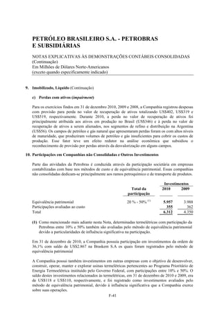 PETRÓLEO BRASILEIRO S.A. - PETROBRAS
   E SUBSIDIÁRIAS
   NOTAS EXPLICATIVAS ÀS DEMONSTRAÇÕES CONTÁBEIS CONSOLIDADAS
   (Continuação)
   Em Milhões de Dólares Norte-Americanos
   (exceto quando especificamente indicado)


9. Imobilizado, Líquido (Continuação)

   c) Perdas com ativos (impairment)

   Para os exercícios findos em 31 de dezembro 2010, 2009 e 2008, a Companhia registrou despesas
   com provisão para perda no valor de recuperação de ativos totalizando US$402, US$319 e
   US$519, respectivamente. Durante 2010, a perda no valor de recuperação de ativos foi
   principalmente atribuída aos ativos em produção no Brasil (US$346) e à perda no valor de
   recuperação de ativos a serem alienados, nos segmentos de refino e distribuição na Argentina
   (US$56). Os campos de petróleo e gás natural que apresentaram perdas foram os com altos níveis
   de maturidade, que produziram volumes de petróleo e gás insuficientes para cobrir os custos de
   produção. Esse fator teve um efeito redutor na análise econômica que subsidiou o
   reconhecimento de provisão por perdas através da desvalorização em alguns campos.

10. Participações em Companhias não Consolidadas e Outros Investimentos

   Parte das atividades da Petrobras é conduzida através da participação societária em empresas
   contabilizadas com base nos métodos de custo e de equivalência patrimonial. Essas companhias
   não consolidadas dedicam-se principalmente aos ramos petroquímico e de transporte de produtos.

                                                                                  Investimentos
                                                              Total da           2010      2009
                                                            participação

   Equivalência patrimonial                                 20 % - 50% (1)        5.957       3.988
   Participações avaliadas ao custo                                                 355         362
   Total                                                                          6.312       4.350

   (1) Como mencionado mais adiante nesta Nota, determinadas termelétricas com participação da
       Petrobras entre 10% e 50% também são avaliadas pelo método de equivalência patrimonial
       devido a particularidades de influência significativa na participação.

   Em 31 de dezembro de 2010, a Companhia possuía participação em investimentos da ordem de
   36,1% com saldo de US$2.867 na Braskem S.A os quais foram registrados pelo método de
   equivalência patrimonial

   A Companhia possui também investimentos em outras empresas com o objetivo de desenvolver,
   construir, operar, manter e explorar usinas termelétricas pertencentes ao Programa Prioritário de
   Energia Termoelétrica instituído pelo Governo Federal, com participações entre 10% e 50%. O
   saldo destes investimentos relacionados às termelétricas, em 31 de dezembro de 2010 e 2009, era
   de US$118 e US$110, respectivamente, e foi registrado como investimentos avaliados pelo
   método de equivalência patrimonial, devido à influência significativa que a Companhia exerce
   sobre suas operações.
                                                  F-41
 