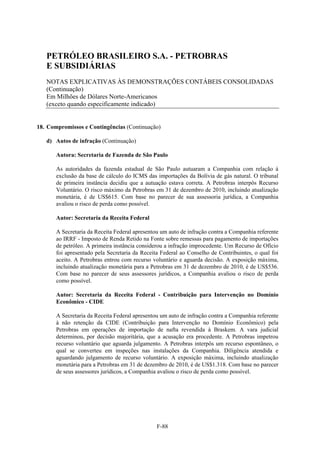 PETRÓLEO BRASILEIRO S.A. - PETROBRAS
   E SUBSIDIÁRIAS
   NOTAS EXPLICATIVAS ÀS DEMONSTRAÇÕES CONTÁBEIS CONSOLIDADAS
   (Continuação)
   Em Milhões de Dólares Norte-Americanos
   (exceto quando especificamente indicado)


18. Compromissos e Contingências (Continuação)

   d) Autos de infração (Continuação)

       Autora: Secretaria de Fazenda de São Paulo

       As autoridades da fazenda estadual de São Paulo autuaram a Companhia com relação à
       exclusão da base de cálculo do ICMS das importações da Bolívia de gás natural. O tribunal
       de primeira instância decidiu que a autuação estava correta. A Petrobras interpôs Recurso
       Voluntário. O risco máximo da Petrobras em 31 de dezembro de 2010, incluindo atualização
       monetária, é de US$615. Com base no parecer de sua assessoria jurídica, a Companhia
       avaliou o risco de perda como possível.

       Autor: Secretaria da Receita Federal

       A Secretaria da Receita Federal apresentou um auto de infração contra a Companhia referente
       ao IRRF - Imposto de Renda Retido na Fonte sobre remessas para pagamento de importações
       de petróleo. A primeira instância considerou a infração improcedente. Um Recurso de Ofício
       foi apresentado pela Secretaria da Receita Federal ao Conselho de Contribuintes, o qual foi
       aceito. A Petrobras entrou com recurso voluntário e aguarda decisão. A exposição máxima,
       incluindo atualização monetária para a Petrobras em 31 de dezembro de 2010, é de US$536.
       Com base no parecer de seus assessores jurídicos, a Companhia avaliou o risco de perda
       como possível.

       Autor: Secretaria da Receita Federal - Contribuição para Intervenção no Domínio
       Econômico - CIDE

       A Secretaria da Receita Federal apresentou um auto de infração contra a Companhia referente
       à não retenção da CIDE (Contribuição para Intervenção no Domínio Econômico) pela
       Petrobras em operações de importação de nafta revendida à Braskem. A vara judicial
       determinou, por decisão majoritária, que a acusação era procedente. A Petrobras impetrou
       recurso voluntário que aguarda julgamento. A Petrobras interpôs um recurso espontâneo, o
       qual se converteu em inspeções nas instalações da Companhia. Diligência atendida e
       aguardando julgamento de recurso voluntário. A exposição máxima, incluindo atualização
       monetária para a Petrobras em 31 de dezembro de 2010, é de US$1.318. Com base no parecer
       de seus assessores jurídicos, a Companhia avaliou o risco de perda como possível.




                                                F-88
 