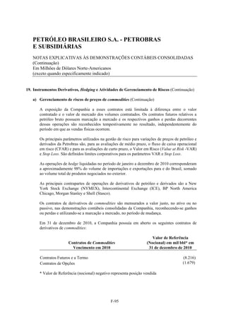 PETRÓLEO BRASILEIRO S.A. - PETROBRAS
   E SUBSIDIÁRIAS
   NOTAS EXPLICATIVAS ÀS DEMONSTRAÇÕES CONTÁBEIS CONSOLIDADAS
   (Continuação)
   Em Milhões de Dólares Norte-Americanos
   (exceto quando especificamente indicado)


19. Instrumentos Derivativos, Hedging e Atividades de Gerenciamento de Riscos (Continuação)

   a) Gerenciamento de riscos de preços de commodities (Continuação)

       A exposição da Companhia a esses contratos está limitada à diferença entre o valor
       contratado e o valor de mercado dos volumes contratados. Os contratos futuros relativos a
       petróleo bruto possuem marcação a mercado e os respectivos ganhos e perdas decorrentes
       dessas operações são reconhecidos tempestivamente no resultado, independentemente do
       período em que as vendas físicas ocorrem.

       Os principais parâmetros utilizados na gestão de risco para variações de preços de petróleo e
       derivados da Petrobras são, para as avaliações de médio prazo, o fluxo de caixa operacional
       em risco (CFAR) e para as avaliações de curto prazo, o Valor em Risco (Value at Risk -VAR)
       e Stop Loss. São definidos limites corporativos para os parâmetros VAR e Stop Loss.

       As operações de hedge liquidadas no período de janeiro a dezembro de 2010 corresponderam
       a aproximadamente 98% do volume de importações e exportações para e do Brasil, somado
       ao volume total de produtos negociados no exterior.

       As principais contrapartes de operações de derivativos de petróleo e derivados são a New
       York Stock Exchange (NYMEX), Intercontinental Exchange (ICE), BP North America
       Chicago, Morgan Stanley e Shell (Stasco).

       Os contratos de derivativos de commodities são mensurados a valor justo, no ativo ou no
       passivo, nas demonstrações contábeis consolidadas da Companhia, reconhecendo-se ganhos
       ou perdas e utilizando-se a marcação a mercado, no período de mudança.

       Em 31 de dezembro de 2010, a Companhia possuía em aberto os seguintes contratos de
       derivativos de commodities:

                                                                         Valor de Referência
                        Contratos de Commodities                      (Nocional) em mil bbl* em
                          Vencimento em 2010                           31 de dezembro de 2010

       Contratos Futuros e a Termo                                                         (8.216)
       Contratos de Opções                                                                 (1.679)

       * Valor de Referência (nocional) negativo representa posição vendida




                                                 F-95
 