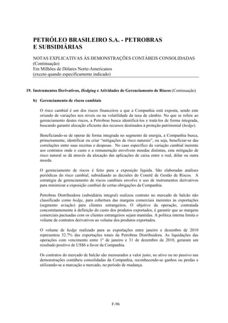 PETRÓLEO BRASILEIRO S.A. - PETROBRAS
   E SUBSIDIÁRIAS
   NOTAS EXPLICATIVAS ÀS DEMONSTRAÇÕES CONTÁBEIS CONSOLIDADAS
   (Continuação)
   Em Milhões de Dólares Norte-Americanos
   (exceto quando especificamente indicado)


19. Instrumentos Derivativos, Hedging e Atividades de Gerenciamento de Riscos (Continuação)

   b) Gerenciamento de riscos cambiais

       O risco cambial é um dos riscos financeiros a que a Companhia está exposta, sendo este
       oriundo de variações nos níveis ou na volatilidade da taxa de câmbio. No que se refere ao
       gerenciamento destes riscos, a Petrobras busca identificá-los e tratá-los de forma integrada,
       buscando garantir alocação eficiente dos recursos destinados à proteção patrimonial (hedge).

       Beneficiando-se de operar de forma integrada no segmento de energia, a Companhia busca,
       primeiramente, identificar ou criar “mitigações de risco naturais”, ou seja, beneficiar-se das
       correlações entre suas receitas e despesas. No caso específico da variação cambial inerente
       aos contratos onde o custo e a remuneração envolvem moedas distintas, esta mitigação de
       risco natural se dá através da alocação das aplicações de caixa entre o real, dólar ou outra
       moeda.

       O gerenciamento de riscos é feito para a exposição líquida. São elaboradas análises
       periódicas do risco cambial, subsidiando as decisões do Comitê de Gestão de Riscos. A
       estratégia de gerenciamento de riscos cambiais envolve o uso de instrumentos derivativos
       para minimizar a exposição cambial de certas obrigações da Companhia.

       Petrobras Distribuidora (subsidiária integral) realizou contrato no mercado de balcão não
       classificado como hedge, para cobertura das margens comerciais inerentes às exportações
       (segmento aviação) para clientes estrangeiros. O objetivo da operação, contratada
       concomitantemente à definição do custo dos produtos exportados, é garantir que as margens
       comerciais pactuadas com os clientes estrangeiros sejam mantidas. A política interna limita o
       volume de contratos derivativos ao volume dos produtos exportados.

       O volume de hedge realizado para as exportações entre janeiro e dezembro de 2010
       representou 52.7% das exportações totais da Petrobras Distribuidora. As liquidações das
       operações com vencimento entre 1º de janeiro e 31 de dezembro de 2010, geraram um
       resultado positivo de US$6 a favor da Companhia.

       Os contratos do mercado de balcão são mensurados a valor justo, no ativo ou no passivo nas
       demonstrações contábeis consolidadas da Companhia, reconhecendo-se ganhos ou perdas e
       utilizando-se a marcação a mercado, no período de mudança.




                                                 F-96
 