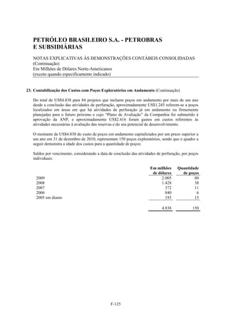 PETRÓLEO BRASILEIRO S.A. - PETROBRAS
   E SUBSIDIÁRIAS
   NOTAS EXPLICATIVAS ÀS DEMONSTRAÇÕES CONTÁBEIS CONSOLIDADAS
   (Continuação)
   Em Milhões de Dólares Norte-Americanos
   (exceto quando especificamente indicado)


23. Contabilização dos Custos com Poços Exploratórios em Andamento (Continuação)

   Do total de US$4.838 para 84 projetos que incluem poços em andamento por mais de um ano
   desde a conclusão das atividades de perfuração, aproximadamente US$1.243 referem-se a poços
   localizados em áreas em que há atividades de perfuração já em andamento ou firmemente
   planejadas para o futuro próximo e cujo “Plano de Avaliação” da Companhia foi submetido à
   aprovação da ANP, e aproximadamente US$2.416 foram gastos em custos referentes às
   atividades necessárias à avaliação das reservas e do seu potencial de desenvolvimento.

   O montante de US$4.838 do custo de poços em andamento capitalizados por um prazo superior a
   um ano em 31 de dezembro de 2010, representam 150 poços exploratórios, sendo que o quadro a
   seguir demonstra a idade dos custos para a quantidade de poços:

   Saldos por vencimento, considerando a data de conclusão das atividades de perfuração, por poços
   individuais:

                                                                      Em milhões      Quantidade
                                                                       de dólares       de poços
     2009                                                                   2.005             80
     2008                                                                   1.428             38
     2007                                                                     372             11
     2006                                                                     840              6
     2005 em diante                                                           193             15

                                                                             4.838            150




                                               F-125
 