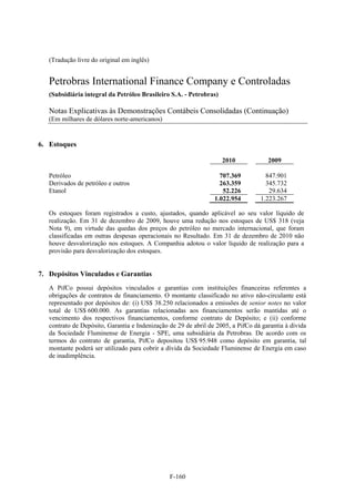 (Tradução livre do original em inglês)


   Petrobras International Finance Company e Controladas
   (Subsidiária integral da Petróleo Brasileiro S.A. - Petrobras)

   Notas Explicativas às Demonstrações Contábeis Consolidadas (Continuação)
   (Em milhares de dólares norte-americanos)


6. Estoques

                                                                    2010             2009

   Petróleo                                                        707.369          847.901
   Derivados de petróleo e outros                                  263.359          345.732
   Etanol                                                           52.226           29.634
                                                                 1.022.954        1.223.267

   Os estoques foram registrados a custo, ajustados, quando aplicável ao seu valor líquido de
   realização. Em 31 de dezembro de 2009, houve uma redução nos estoques de US$ 318 (veja
   Nota 9), em virtude das quedas dos preços do petróleo no mercado internacional, que foram
   classificadas em outras despesas operacionais no Resultado. Em 31 de dezembro de 2010 não
   houve desvalorização nos estoques. A Companhia adotou o valor líquido de realização para a
   provisão para desvalorização dos estoques.


7. Depósitos Vinculados e Garantias
   A PifCo possui depósitos vinculados e garantias com instituições financeiras referentes a
   obrigações de contratos de financiamento. O montante classificado no ativo não-circulante está
   representado por depósitos de: (i) US$ 38.250 relacionados a emissões de senior notes no valor
   total de US$ 600.000. As garantias relacionadas aos financiamentos serão mantidas até o
   vencimento dos respectivos financiamentos, conforme contrato de Depósito; e (ii) conforme
   contrato de Depósito, Garantia e Indenização de 29 de abril de 2005, a PifCo dá garantia à dívida
   da Sociedade Fluminense de Energia - SPE, uma subsidiária da Petrobras. De acordo com os
   termos do contrato de garantia, PifCo depositou US$ 95.948 como depósito em garantia, tal
   montante poderá ser utilizado para cobrir a dívida da Sociedade Fluminense de Energia em caso
   de inadimplência.




                                                F-160
 