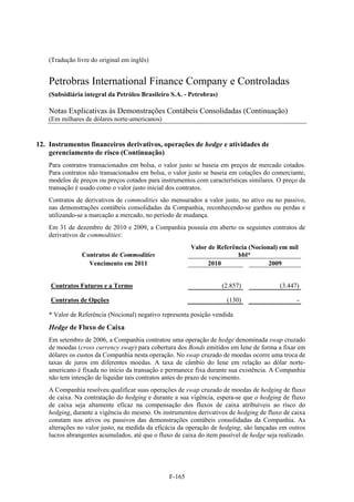 (Tradução livre do original em inglês)


    Petrobras International Finance Company e Controladas
    (Subsidiária integral da Petróleo Brasileiro S.A. - Petrobras)

    Notas Explicativas às Demonstrações Contábeis Consolidadas (Continuação)
    (Em milhares de dólares norte-americanos)


12. Instrumentos financeiros derivativos, operações de hedge e atividades de
    gerenciamento de risco (Continuação)
    Para contratos transacionados em bolsa, o valor justo se baseia em preços de mercado cotados.
    Para contratos não transacionados em bolsa, o valor justo se baseia em cotações do comerciante,
    modelos de preços ou preços cotados para instrumentos com características similares. O preço da
    transação é usado como o valor justo inicial dos contratos.
    Contratos de derivativos de commodities são mensurados a valor justo, no ativo ou no passivo,
    nas demonstrações contábeis consolidadas da Companhia, reconhecendo-se ganhos ou perdas e
    utilizando-se a marcação a mercado, no período de mudança.
    Em 31 de dezembro de 2010 e 2009, a Companhia possuía em aberto os seguintes contratos de
    derivativos de commodities:
                                                         Valor de Referência (Nocional) em mil
                Contratos de Commodities                                 bbl*
                  Vencimento em 2011                           2010                 2009


    Contratos Futuros e a Termo                                      (2.857)               (3.447)

    Contratos de Opções                                                (130)                     -

    * Valor de Referência (Nocional) negativo representa posição vendida
    Hedge de Fluxo de Caixa
    Em setembro de 2006, a Companhia contratou uma operação de hedge denominada swap cruzado
    de moedas (cross currency swap) para cobertura dos Bonds emitidos em Iene de forma a fixar em
    dólares os custos da Companhia nesta operação. No swap cruzado de moedas ocorre uma troca de
    taxas de juros em diferentes moedas. A taxa de câmbio do Iene em relação ao dólar norte-
    americano é fixada no início da transação e permanece fixa durante sua existência. A Companhia
    não tem intenção de liquidar tais contratos antes do prazo de vencimento.
    A Companhia resolveu qualificar suas operações de swap cruzado de moedas de hedging de fluxo
    de caixa. Na contratação do hedging e durante a sua vigência, espera-se que o hedging de fluxo
    de caixa seja altamente eficaz na compensação dos fluxos de caixa atribuíveis ao risco do
    hedging, durante a vigência do mesmo. Os instrumentos derivativos de hedging de fluxo de caixa
    constam nos ativos ou passivos das demonstrações contábeis consolidadas da Companhia. As
    alterações no valor justo, na medida da eficácia da operação de hedging, são lançadas em outros
    lucros abrangentes acumulados, até que o fluxo de caixa do item passível de hedge seja realizado.




                                                 F-165
 