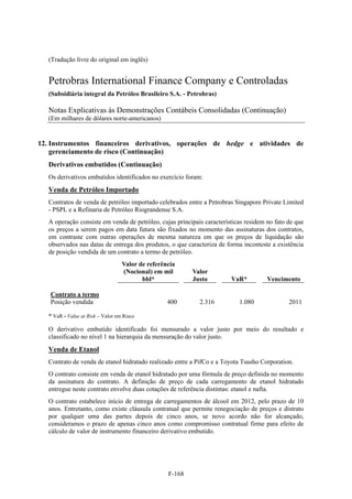 (Tradução livre do original em inglês)


   Petrobras International Finance Company e Controladas
   (Subsidiária integral da Petróleo Brasileiro S.A. - Petrobras)

   Notas Explicativas às Demonstrações Contábeis Consolidadas (Continuação)
   (Em milhares de dólares norte-americanos)


12. Instrumentos financeiros derivativos, operações de hedge e atividades de
    gerenciamento de risco (Continuação)
   Derivativos embutidos (Continuação)
   Os derivativos embutidos identificados no exercício foram:
   Venda de Petróleo Importado
   Contratos de venda de petróleo importado celebrados entre a Petrobras Singapore Private Limited
   - PSPL e a Refinaria de Petróleo Riograndense S.A.
   A operação consiste em venda de petróleo, cujas principais características residem no fato de que
   os preços a serem pagos em data futura são fixados no momento das assinaturas dos contratos,
   em contraste com outras operações de mesma natureza em que os preços de liquidação são
   observados nas datas de entrega dos produtos, o que caracteriza de forma inconteste a existência
   de posição vendida de um contrato a termo de petróleo.
                                   Valor de referência
                                   (Nocional) em mil       Valor
                                          bbl*             Justo        VaR*          Vencimento

   Contrato a termo
   Posição vendida                                 400       2.316         1.080              2011

   * VaR - Value at Risk – Valor em Risco

   O derivativo embutido identificado foi mensurado a valor justo por meio do resultado e
   classificado no nível 1 na hierarquia da mensuração do valor justo.
   Venda de Etanol
   Contrato de venda de etanol hidratado realizado entre a PifCo e a Toyota Tsusho Corporation.
   O contrato consiste em venda de etanol hidratado por uma fórmula de preço definida no momento
   da assinatura do contrato. A definição de preço de cada carregamento de etanol hidratado
   entregue neste contrato envolve duas cotações de referência distintas: etanol e nafta.
   O contrato estabelece início de entrega de carregamentos de álcool em 2012, pelo prazo de 10
   anos. Entretanto, como existe cláusula contratual que permite renegociação de preços e distrato
   por qualquer uma das partes depois de cinco anos, se novo acordo não for alcançado,
   consideramos o prazo de apenas cinco anos como compromisso contratual firme para efeito de
   cálculo de valor de instrumento financeiro derivativo embutido.




                                                   F-168
 