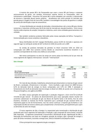 A maioria dos postos BR é de franqueados que usam a marca BR sob licença e compram
exclusivamente da gente; nós também fornecemos suporte técnico os franqueados, além de
treinamento e publicidade. Possuímos 767 postos BR e somos obrigados, por contrato, a subcontratar
de terceiros a operação desses postos próprios. Acreditamos que nossa posição no mercado seja
grande graças à imagem forte da marca BR e também à remodelagem dos postos de gasolina e a adição
de centros de lubrificação e lojas de conveniência.

          A nossa distribuição por atacado de derivados e biocombustíveis sob a marca BR para clientes
comerciais e industriais contribui para 56,1% do total do mercado por atacado brasileiro. Entre nossos
clientes estão empresas de aviação, transporte e indústrias, assim como entidades governamentais e de
utilidade.

       Nós também vendemos produtos fabricados pelas nossas operações de Refino, Transporte e
Comercialização para nossos varejistas e atacadistas.

        Nossa distribuidora de GLP, Liquigas Distribuidora, possui 22,3% do mercado e apareceu em
segundo lugar no ranking de vendas de GLP no Brasil em 2010, de acordo com a ANP.

       As vendas de produtos derivados do petróleo no Brasil cresceram 9,0% em 2010 em
comparação com 2009. Esse aumento ocorreu devido ao crescimento econômico brasileiro e ao
aumento correspondente da renda e do crédito ao consumidor.

        Nós temos participamos no setor de varejo em outros países da América do Sul por meio de
nosso segmento de negócios internacional. Consulte “-Internacional”.

Gás e Energia

                                                                       Principais estatísticas de Gás e Energia
                                                                                                        2010                                 2009         2008
                                                                                                                                      (milhões de US$)
 Gás e Energia
 Receita operacional líquida ................................................................................................ 8.507            5.966           9.345
 Lucro (prejuízo) antes do imposto de renda .......................................................                           1.014              496           (443)
 Total de ativos em 31 de dezembro.....................................................................                      29.907           25.361          15.348
 Despesas de capital ................................................................................................         4.099            5.116           4.256



         Por mais de duas décadas, trabalhamos ativamente para desenvolver as reservas de gás natural
do Brasil, a produção, infraestrutura e mercados. Como resultado, o gás natural em 2009 forneceu
8,7% da demanda total de energia no Brasil, comparados com 3,7% em 1998. É planejado o
fornecimento de 14,2% da demanda total de energia no Brasil em 2020, de acordo com a Empresa de
Pesquisa Energética, uma agência do MME.
                                                                                                                                                 3
          Em 2010, nossas operações de exploração e produção chegaram a 63,3 mmm /d (2.235,44
mmcf/d) de gás natural. Os planos de desenvolvimento para essas operações devem resultar em
aumentos substanciais na produção de gás nas Bacias do Espírito Santo e de Santos, fora da costa
brasileira, incluindo as reservas do Pré-Sal. Esperamos que a produção de gás nacional tenha um
importante papel no mix de fornecimento, mas nós vamos continuar a importar gás da Bolívia e usar
importações de GNL de maneira seletiva para complementar o fornecimento, principalmente para suprir
as demandas do setor de energia.

         O nosso segmento de Gás e Energia é o responsável pela monetização e distribuição do gás
produzido pelo nosso segmento de Exploração e Produção, e gás comprado de outras fontes, incluindo
GNL importado. O segmento compreende a transmissão e distribuição de gás, regasificação do GNL, a
fabricação de fertilizantes com base em nitrogênio, geração de energia a gás e geração de energia a
partir de fontes renováveis, incluindo a energia solar, eólica e hidrelétrica de pequena escala.

             O foco principal de nosso segmento de gás e energia é:



                                                                                                                                                         49
 