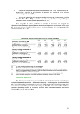 •        Contrato de transporte com obrigação de pagamento com a Gás Transboliviano (GTB),
           proprietário e operador da parte boliviana do gasoduto para transportar certos volumes
           mínimos de gás natural até 2019; e

      •        Contrato de transporte com obrigação de pagamento com a Transportadora Brasileira
           Gasoduto Bolívia-Brasil (TBG), proprietário e operador da parte boliviana do gasoduto para
           transportar certos volumes mínimos de gás natural até 2019.

         Essas obrigações de volume, conforme os contratos de transporte com obrigação de
pagamento, foram planejadas, de maneira geral, para serem equivalentes às obrigações de aquisição de
gás conforme o contrato. As tabelas abaixo mostram as nossas obrigações contratuais para o período
de cinco anos entre 2011 e 2015.




                    Compromisso de aquisição e transporte de gás natural com o gasoduto Bolívia-Brasil
                                                                         2011      2012     2013      2014          2015
 Compromisso de aquisição para YPFB
 Obrigação de volume (mmm3/d)(1) ................................           24,06     24,06    24,06    24,06        24,06
                                                                          850,00
 Obrigação de volume (mmcf/d)(1)..................................................   850,00   850,00   850,00       850,00
 Projeção do petróleo Brent (US$)(2) ................................       72,00     77,40    82,90    82,30        81,30
 Pagamentos estimados (US$ milhões)(3) ................................1.899,65    1.874,02 2.007,05 2.073,52     2.049,25

 Contrato de transporte com obrigação de
 pagamento com a GTB
 Compromisso de volume (mmm3/d)................................         30,00      30,00      30,00      30,00       30,00
 Compromisso de volume (mmcf/d) ................................ 1.059,00       1.059,00   1.059,00   1.059,00    1.059,00
 Pagamentos estimados (US$ milhões)(5) ................................ 37,10
                                                                      1           137,78     138,46     139,14      139,82

 Contrato de transporte com obrigação de
 pagamento com a TGB
 Compromisso de volume (mmm3/d)(4) ................................ 35,28          35,28      35,28      35,28       35,28
 Compromisso de volume (mmcf/d) ................................ 1.246,09       1.246,09   1.246,09   1.246,09    1.246,09
 Pagamentos estimados (US$ milhões)(5) ................................ 98,15
                                                                      4           501,32     510,42     526,34      526,87


(1)        25,3% do volume contratado fornecido pela Petrobras Bolívia.
(2)        Previsão do preço Brent baseado no Plano Estratégico 2020.
(3)        Os pagamentos estimados são calculados usando os preços esperados para cada ano baseado na previsão do preço
           Brent. Os preços de gás podem ser ajustados no futuro com base nas cláusulas do contrato e volumes de gás natural
           adquiridos pela Petrobras podem variar anualmente.
(4)        Inclui os contratos de transporte com relação de pagamento referente ao aumento da capacidade do TBG.
(5)        Valores calculados baseados nos preços atuais definidos nos contratos de transporte de gás natural.

           Contratos de Venda de Gás

          Nos últimos anos, introduzimos uma variedade de contratos de fornecimento projetados para
criar flexibilidade a fim de combinar a demanda do cliente com a nossa capacidade de fornecimento de
gás. Isso inclui contratos preferenciais de fornecimento de gás de maneira flexível e ininterrupta, assim
como mecanismos de leilão para contratos de curto prazo. Em 2010, introduzimos leilões eletrônicos
semanais, oferecendo volumes de gás natural em curto prazo que foram reservados para usinas
elétricas a gás, mas não foram entregues.




                                                                                                                             53
 