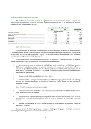 Rendimento líquido por segmento de negócio

                Nós medimos o desempenho no nível do segmento com base no rendimento líquido. A seguir, uma
         demonstração do rendimento líquido de nossos seis segmentos de negócios em 31 de dezembro de 2010, em
         comparação com 31 de dezembro de 2009.

                                                                                                                                Ano com término em 31 de dezembro de
                                                                                                                                    2010                    2009          Porcentagem
                                                                                                                                           (milhões de US$)                   (%)
Exploração e produção .........................................................................................                          16.351                   9.683              68,9
Refino, Transporte e Comercialização ................................................................                                     1.539                   6.563            (76,6)
Distribuição............................................................................................................                    727                     634              14,7
Gás e Energia .........................................................................................................                     734                     340             115,9
Internacional..........................................................................................................                     799                   (154)           (618,8)
Corporativo ...........................................................................................................                   (453)                 (1.116)            (59,4)
Eliminações ............................................................................................................                  (513)                   (446)              15,0
Rendimento líquido...............................................................................................                        19.184                 15.504               23,7


                          Exploração e produção

                 O nosso segmento de exploração e produção inclui as nossas atividades de exploração, desenvolvimento
         e produção no Brasil, Vendas e transferências de petróleo nos mercados nacionais e internacionais, transferências
         de gás natural para o nosso segmento de Gás e Energia e as vendas de produtos derivados do petróleo produzidos
         em nossas usinas de processamento de gás natural.

                 O rendimento líquido consolidado de nosso segmento de exploração e produção aumentou de US$9.683
         milhões em 2009 para US$16.351 milhões em 2010, como resultado do seguinte:

                  •           Um aumento no preço do petróleo, de US$54,22 por barril em 2009 para US$74,66 por barril em
                          2010, como resultado dos preços internacionais mais altos. Os preços mais altos também refletem a
                          redução no spread entre o preço médio do petróleo nacional vendido/transferido e o preço médio do
                          Brent, de US$ 7,29/bbl em 2009 para US$ 4,81/bbl em 2010, principalmente devido a maior demanda por
                          óleo pesado do que óleo leve;

                  •                Um aumento de 1,6% na produção de petróleo e GNL; e

                  •           Perdas reduzidas e contingencias relacionadas a procedimentos legais, principalmente uma cobrança
                          de US$1.034 milhões relacionados à participação especial no campo Marlim, que foi cobrado em
                          operações em 2009.

                          Esses efeitos foram parcialmente compensados por:

                  •           Maiores impostos sobre produção, o que aumento o preço do barril de US$20,51 para US$24,64 em
                          razão dos maiores preços do petróleo;

                  •           Um aumento nos custos de levantamento, de US$ 8,78 por barril em 2009 para US$ 10,03 em 2010,
                          principalmente em virtude da valorização do real e do aumento dos custos de manutenção em nossos
                          campos; e

                  •           Despesas não recorrentes de US$275 milhões relativas aos financiamentos de projeto nos campos de
                          Barracuda e Caratinga.

                 Consulte o item 4. “Informações sobre a empresa – Visão geral do grupo – Mudanças nas reservas
         provadas” para informações sobre as mudanças nas reservas provadas.



                                                                                                                           94
 